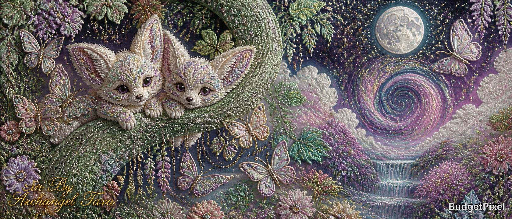 Embroidered fantasy art: two cute floral-patterned fennec foxes on a mossy tree branch, surrounded by butterflies in a mag...