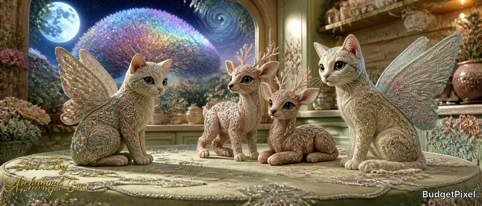 Four whimsical fantasy creature figurines: two winged fairy cats and two baby fawns, posed on a table overlooking a magica...