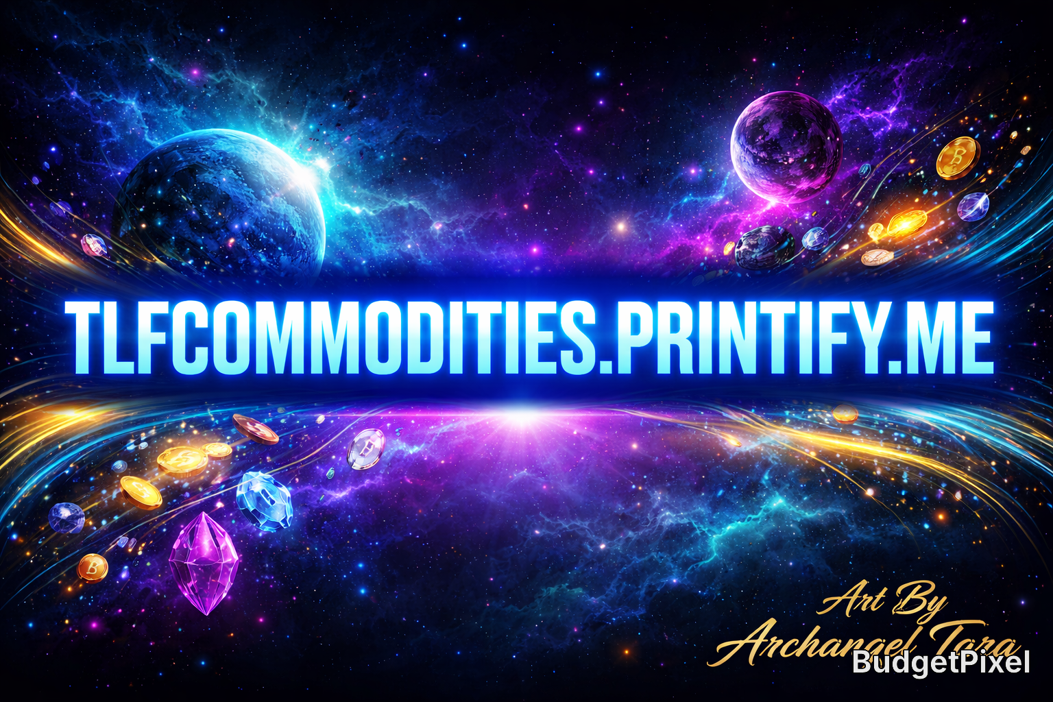 Cosmic space banner with glowing neon text TLFCOMMODITIES.PRINTIFY.ME, floating planets, crypto coins, and gemstones