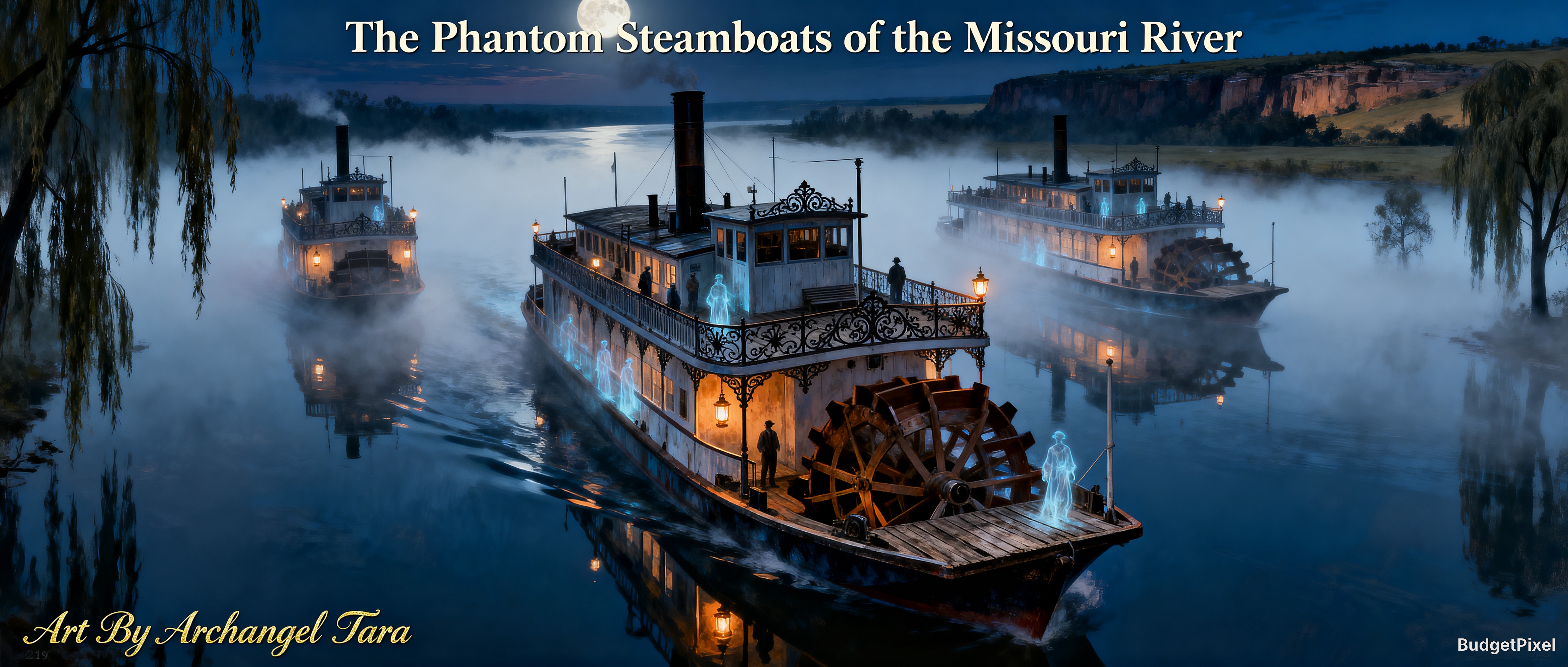 Artwork of three phantom steamboats with glowing blue ghosts navigating the foggy, moonlit Missouri River at night.