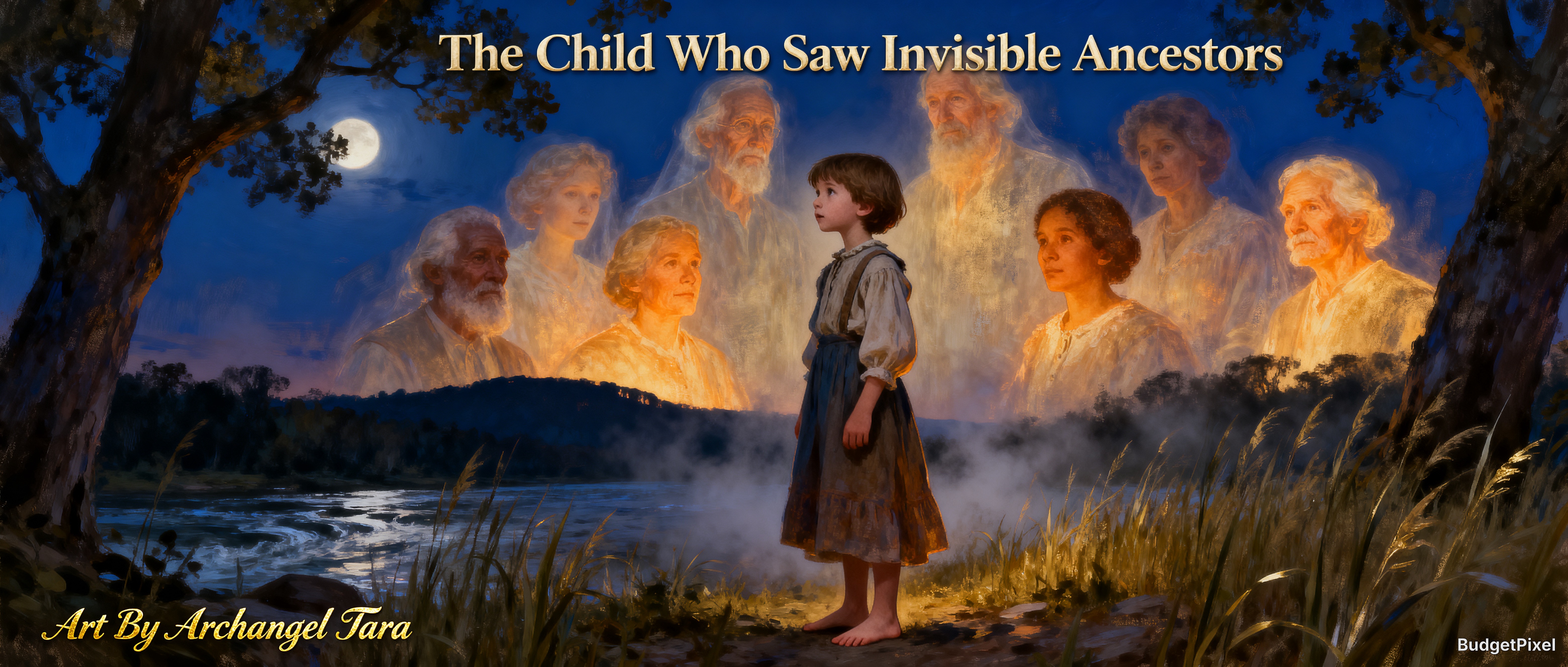 Barefoot child stands at a moonlit riverside, surrounded by glowing ethereal ancestor spirits in this spiritual fine art p...