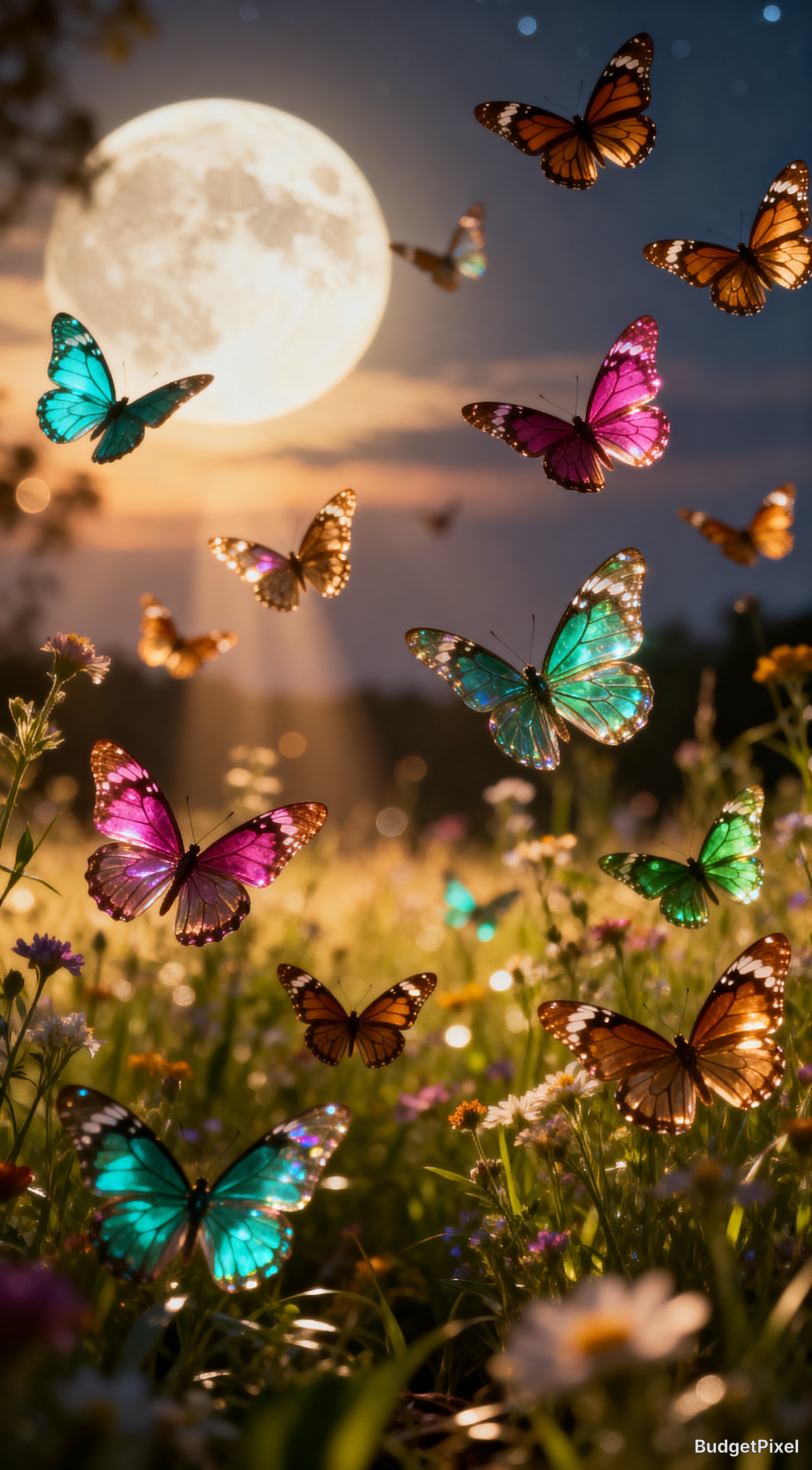 Glowing multicolored butterflies float over a twilight wildflower meadow beneath a bright, glowing full moon in the night ...