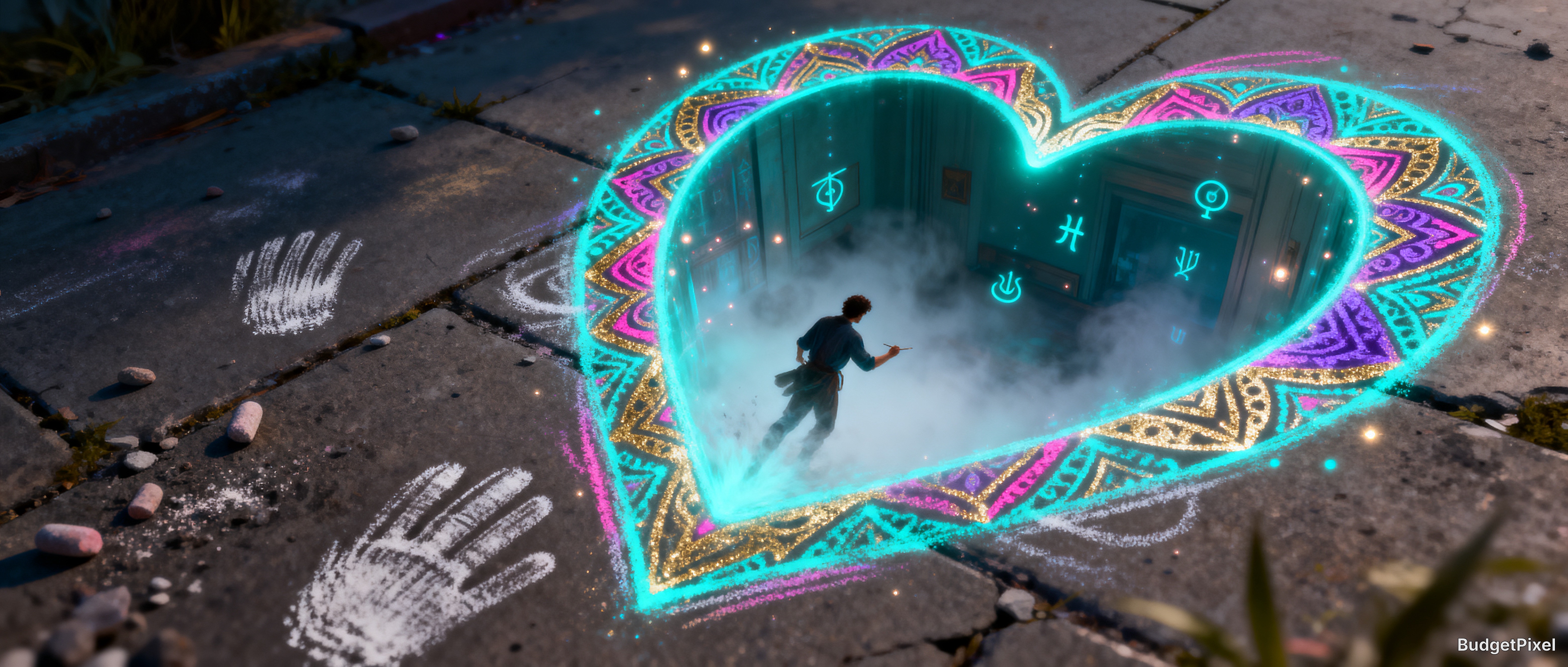 Man falling into a glowing neon heart-shaped magical portal with ornate mandala art, drawn on a concrete sidewalk with cha...