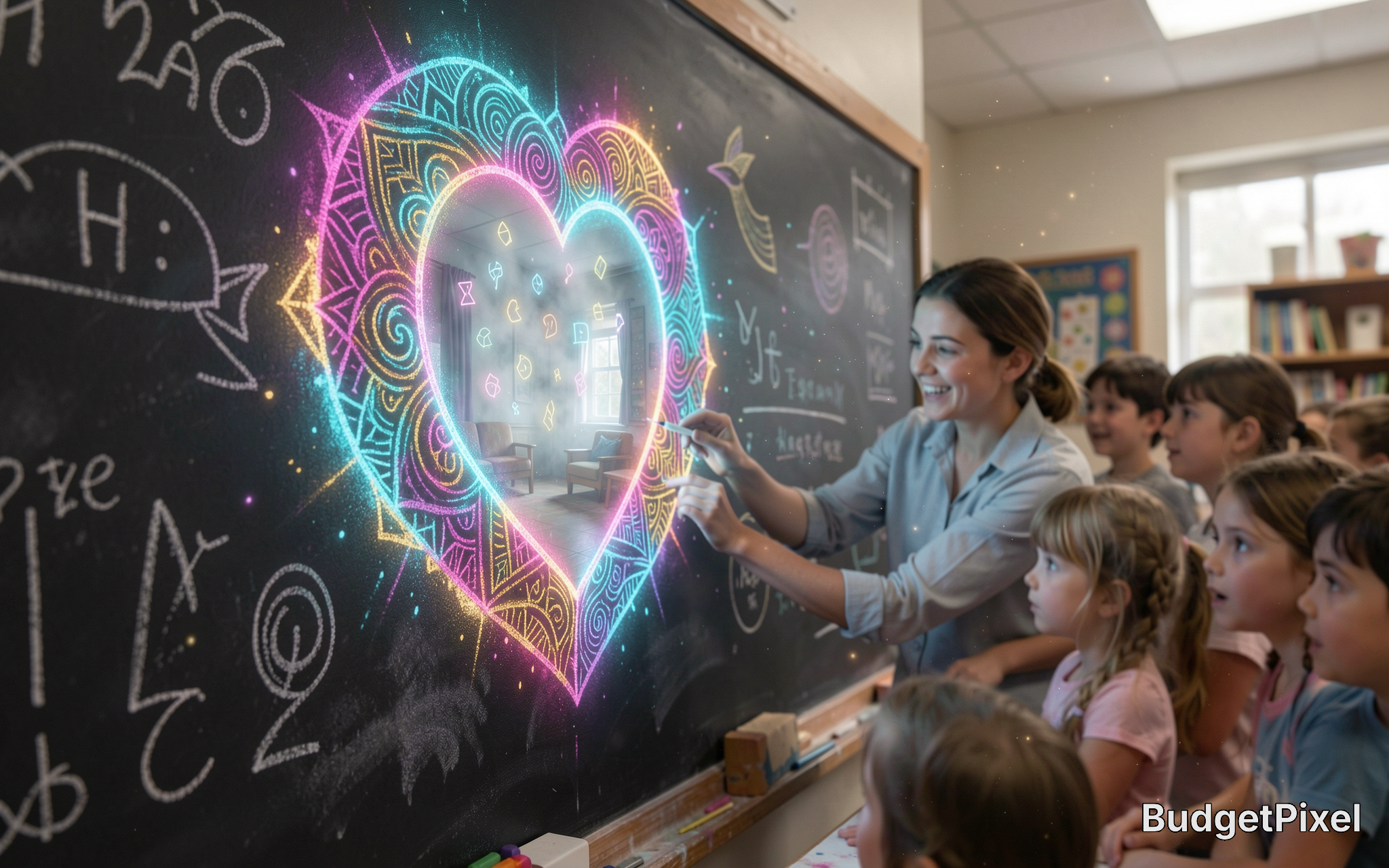 Teacher draws a glowing magical neon heart chalk art on a classroom blackboard, as amazed elementary students watch the wh...