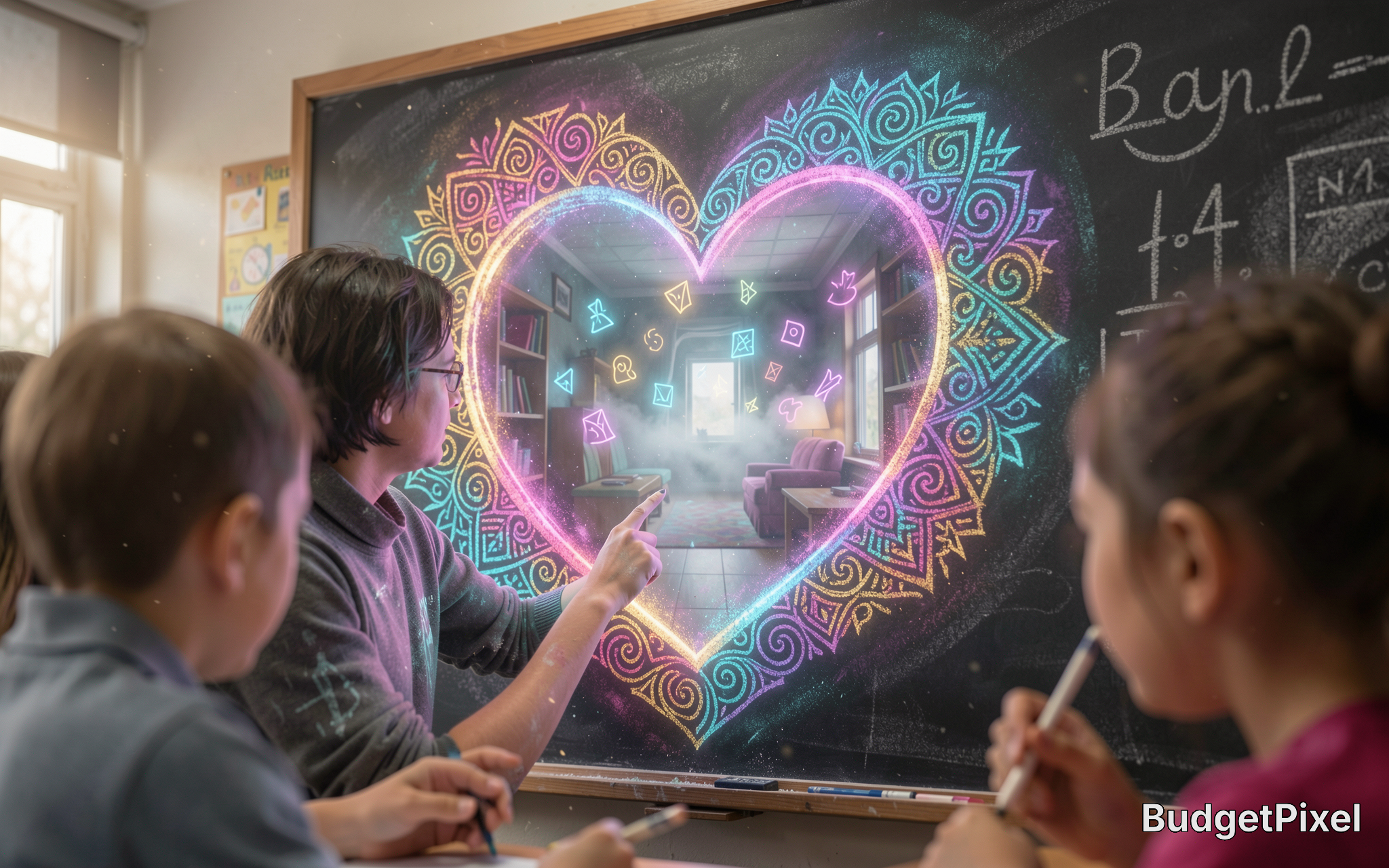 Teacher points at a glowing neon heart-shaped portal on a classroom chalkboard as elementary students watch and take notes.