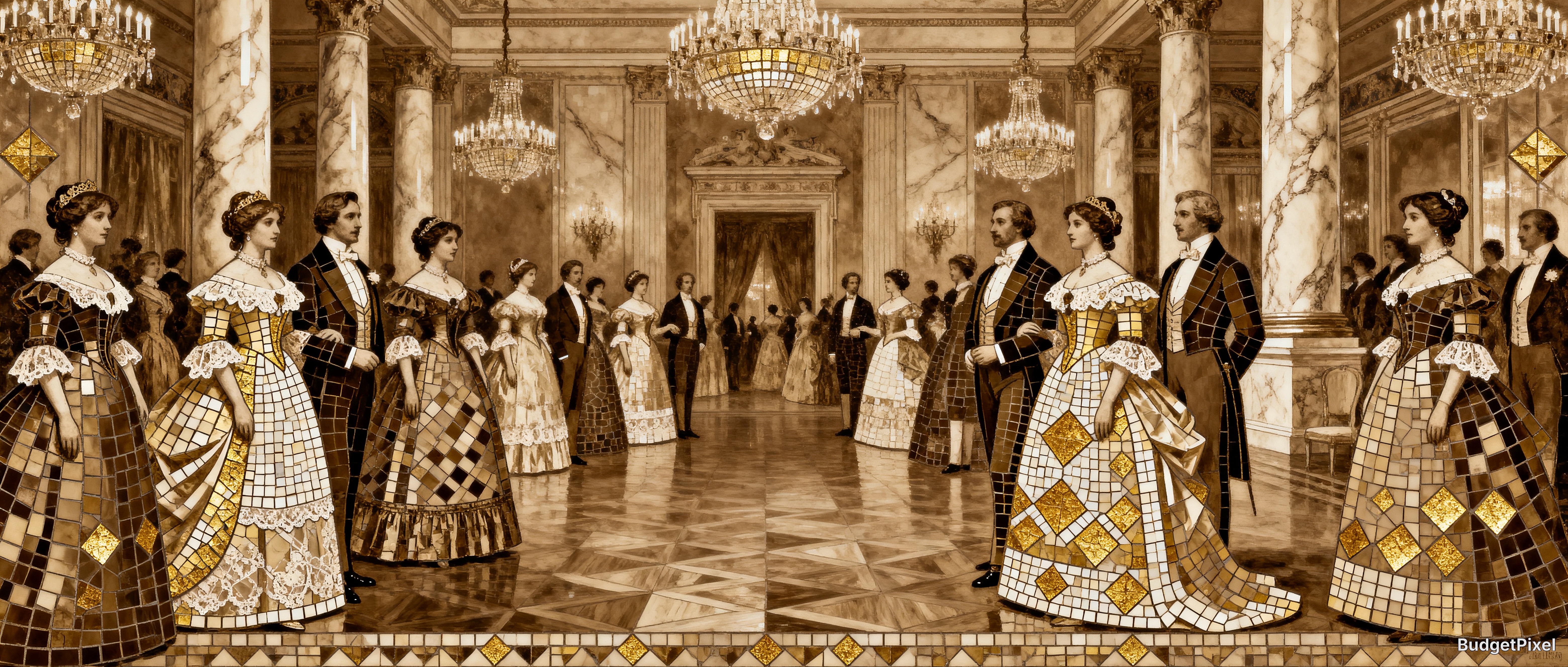 Mosaic-style artwork of a Victorian royal ball in a grand marble palace ballroom, guests in 19th-century period formal gow...