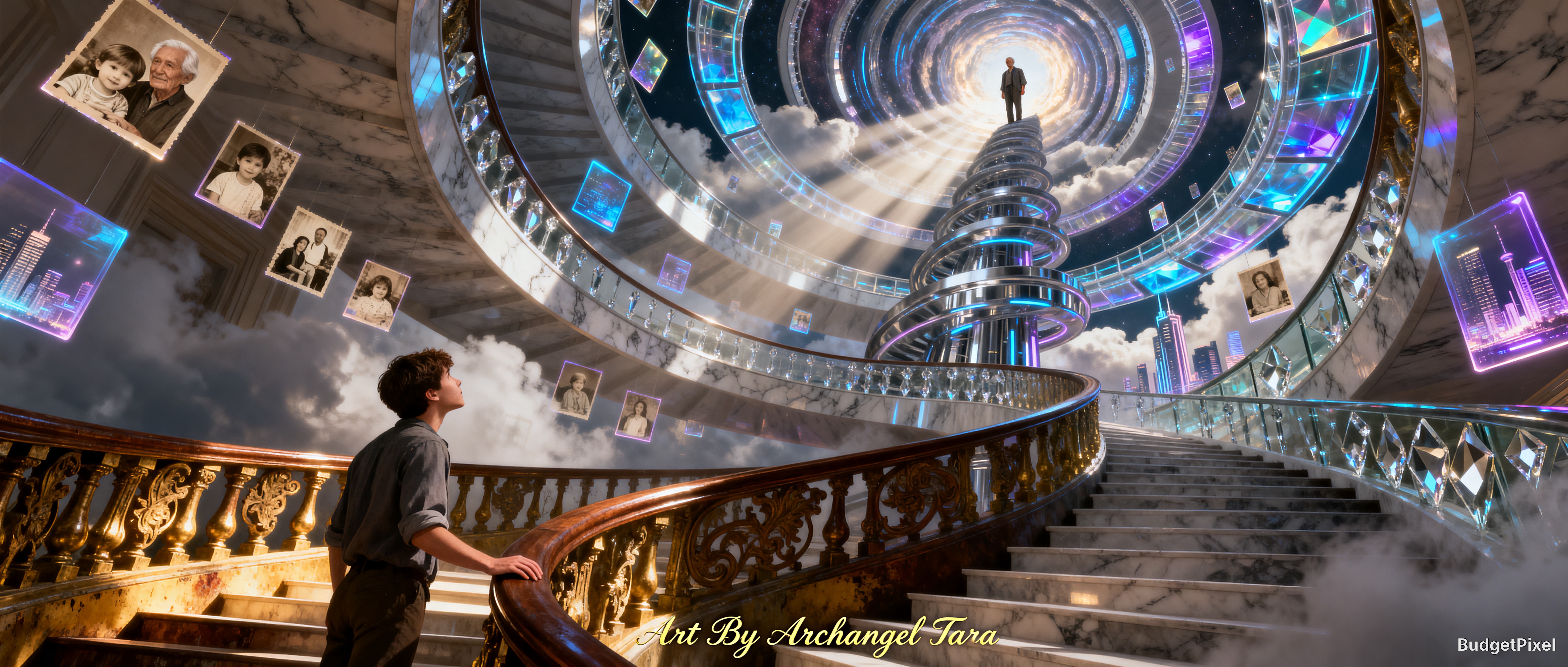 Young man on an ornate spiral staircase gazing up at a glowing celestial portal, floating memory photos in surreal dream s...