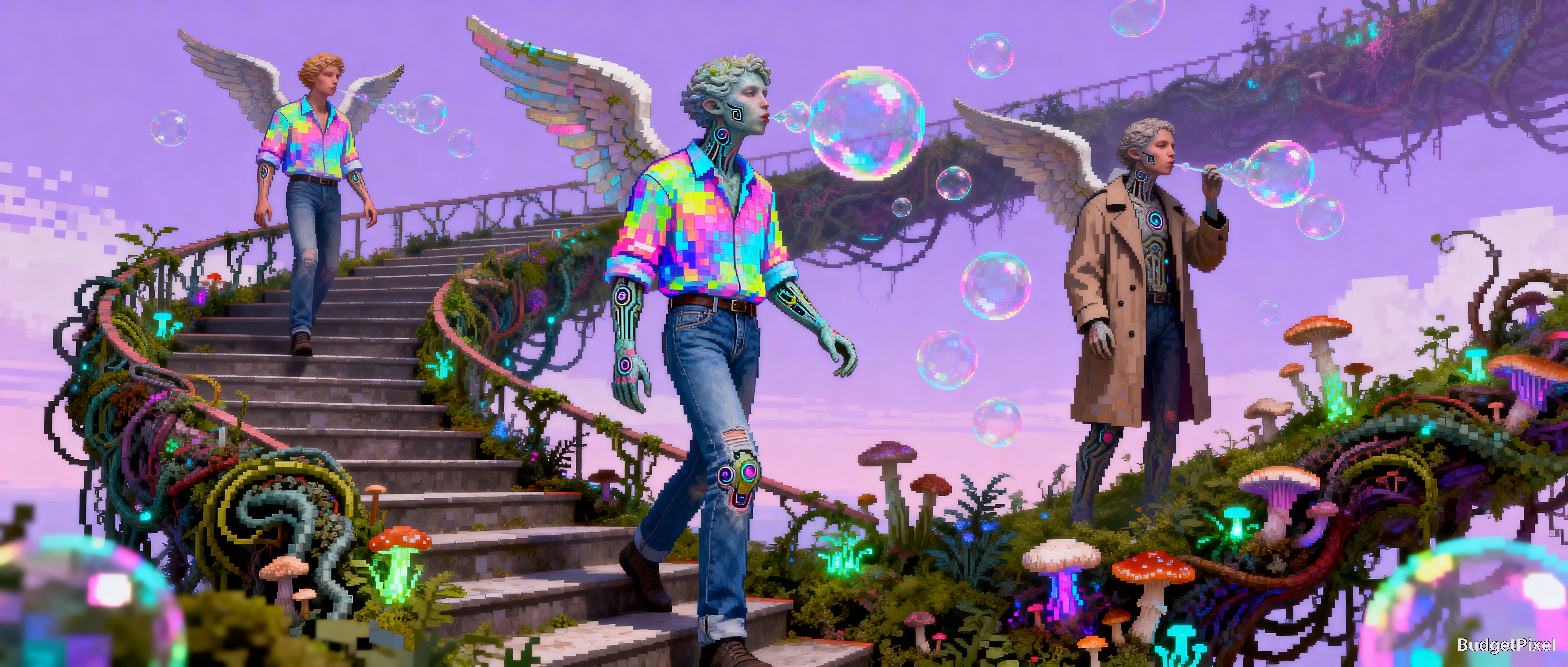 [Surreal pixel art of winged cyborg angel characters blowing iridescent bubbles on an overgrown fantasy staircase under a ...
