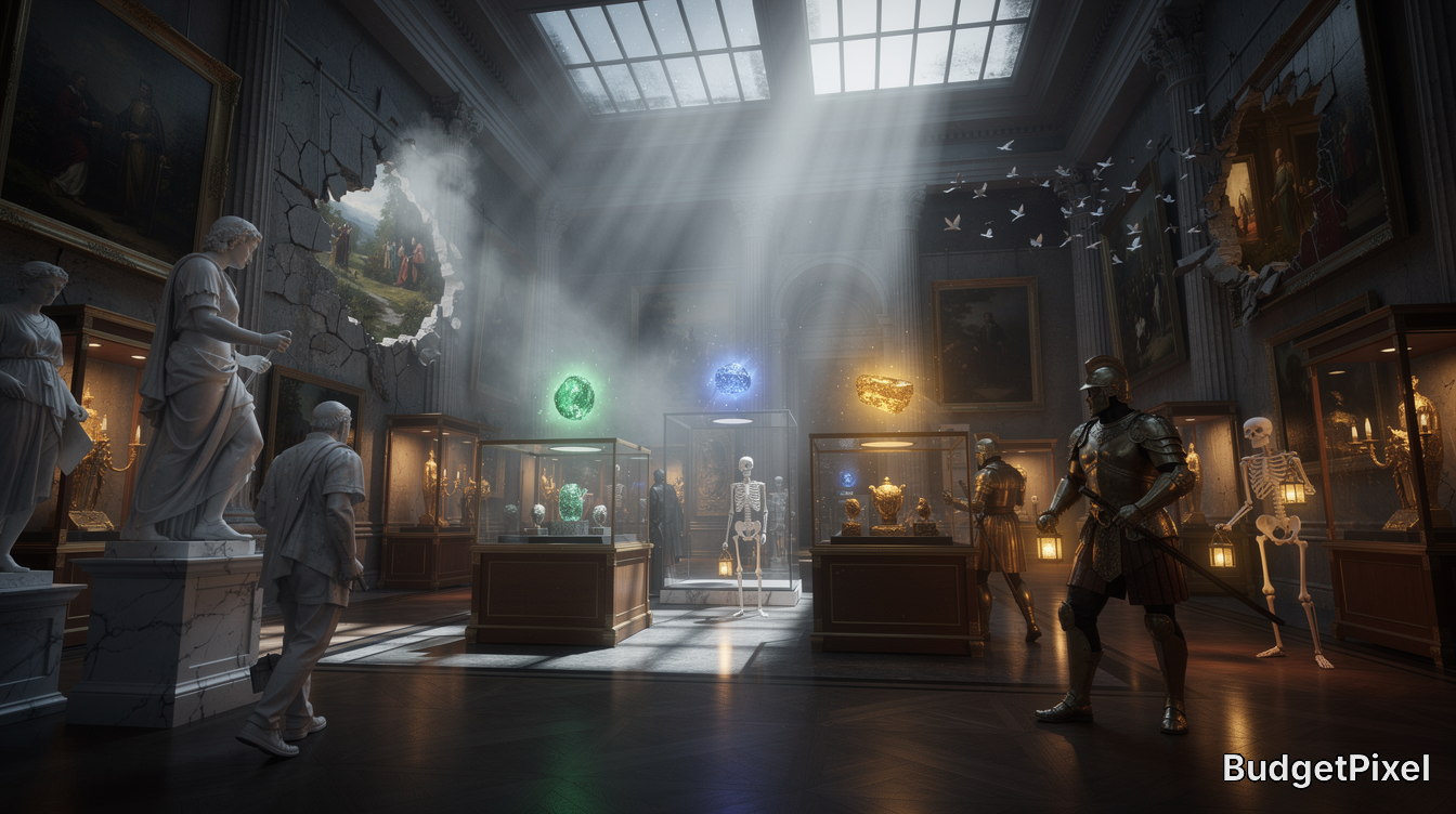 Surreal fantasy museum gallery with animated exhibits, glowing magical artifacts, and a portal rift in the cracked gallery...
