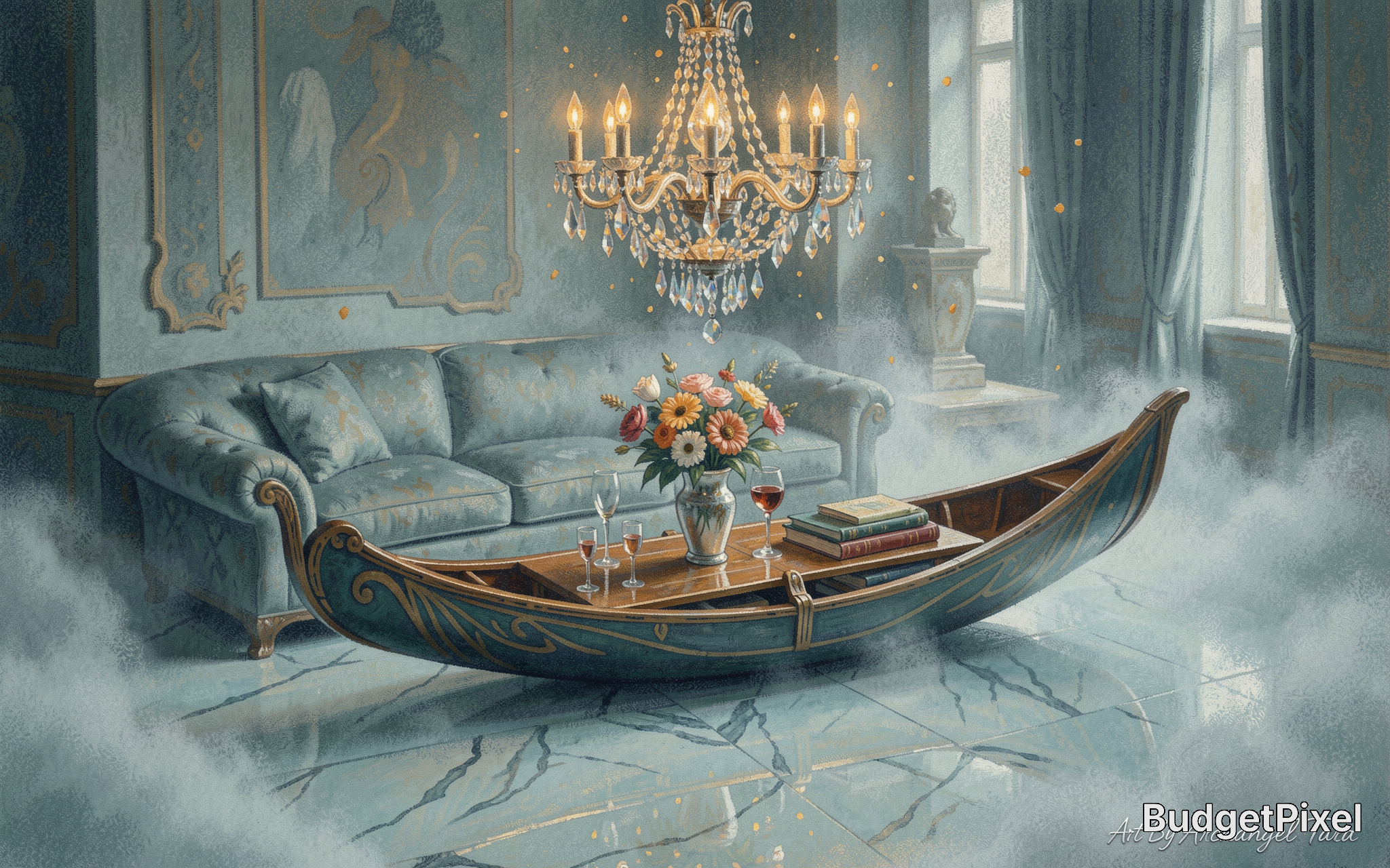 Surreal elegant rococo living room with gondola coffee table, glowing crystal chandelier, fog and light blue tufted sofa