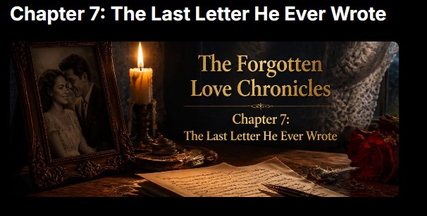 Book banner for The Forgotten Love Chronicles Chapter 7, showing a candlelit vintage desk with love letter and framed coup...