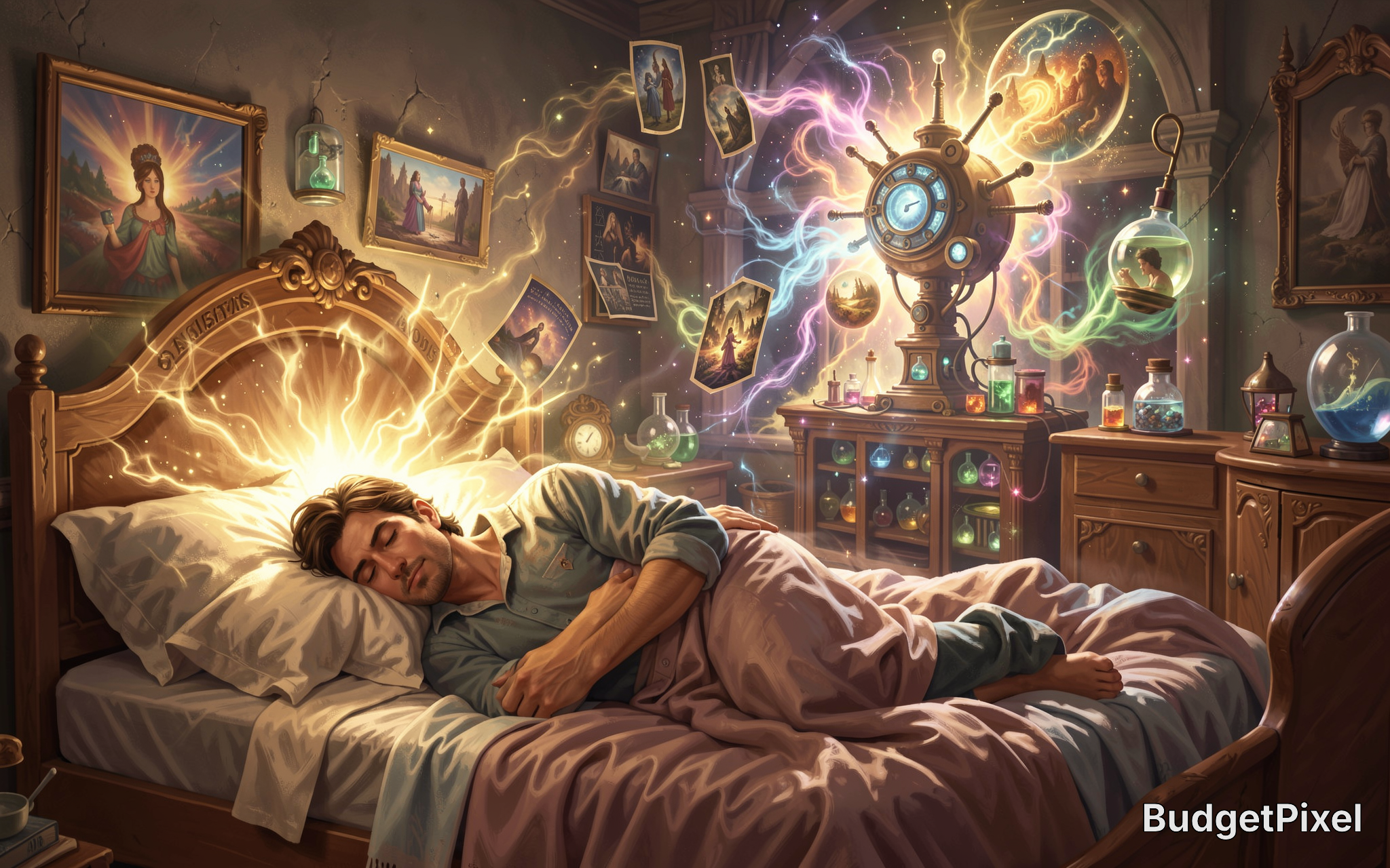 [Man peacefully sleeps in an ornate wooden bed as glowing magical dream energy flows to a steampunk dream machine in a fan...