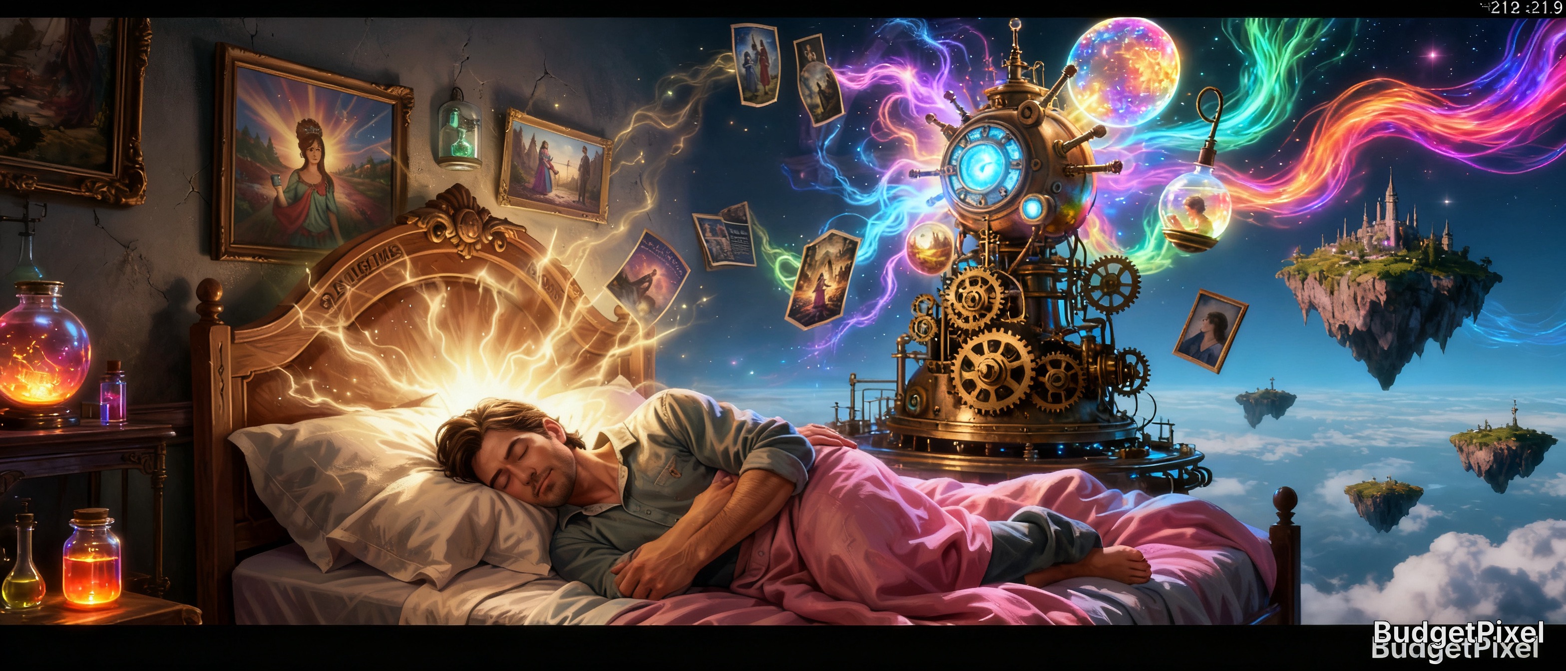 A man sleeps in bed as glowing dream energy flows from his head into a merging steampunk fantasy dreamscape with floating ...