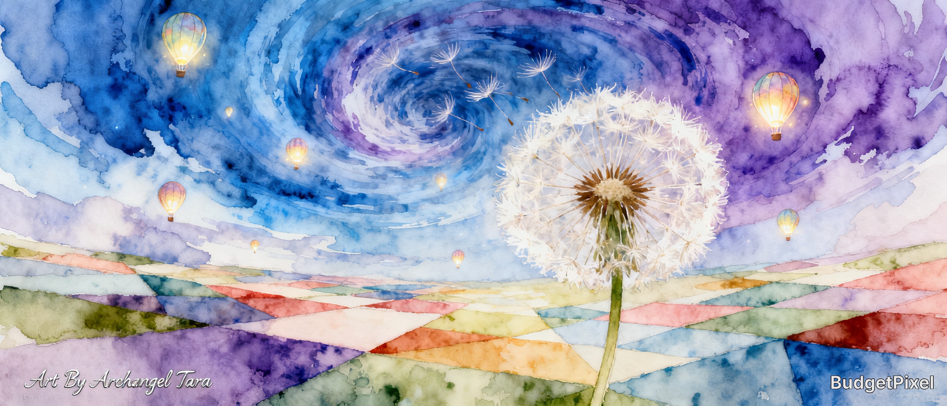 Whimsical watercolor fantasy scene with giant dandelion, swirling purple-blue sky, glowing hot air balloons over pastel pa...