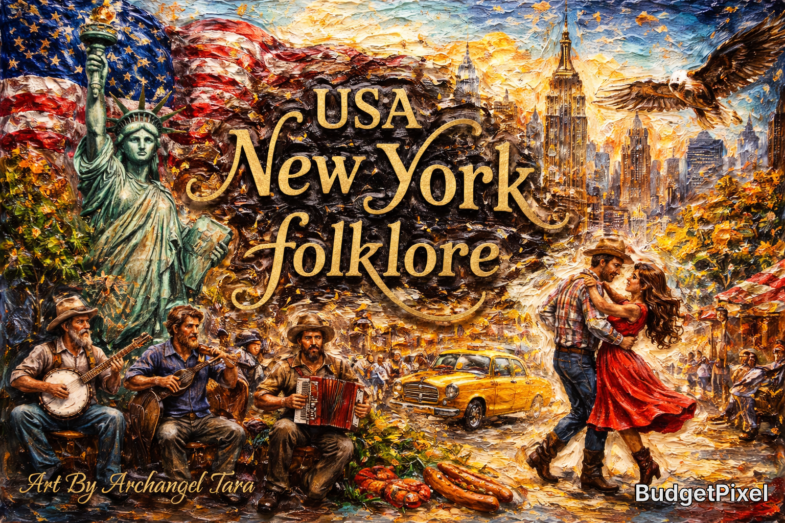 Textured impasto folk art for USA New York folklore, featuring Statue of Liberty, street musicians, dancing couple, and NY...