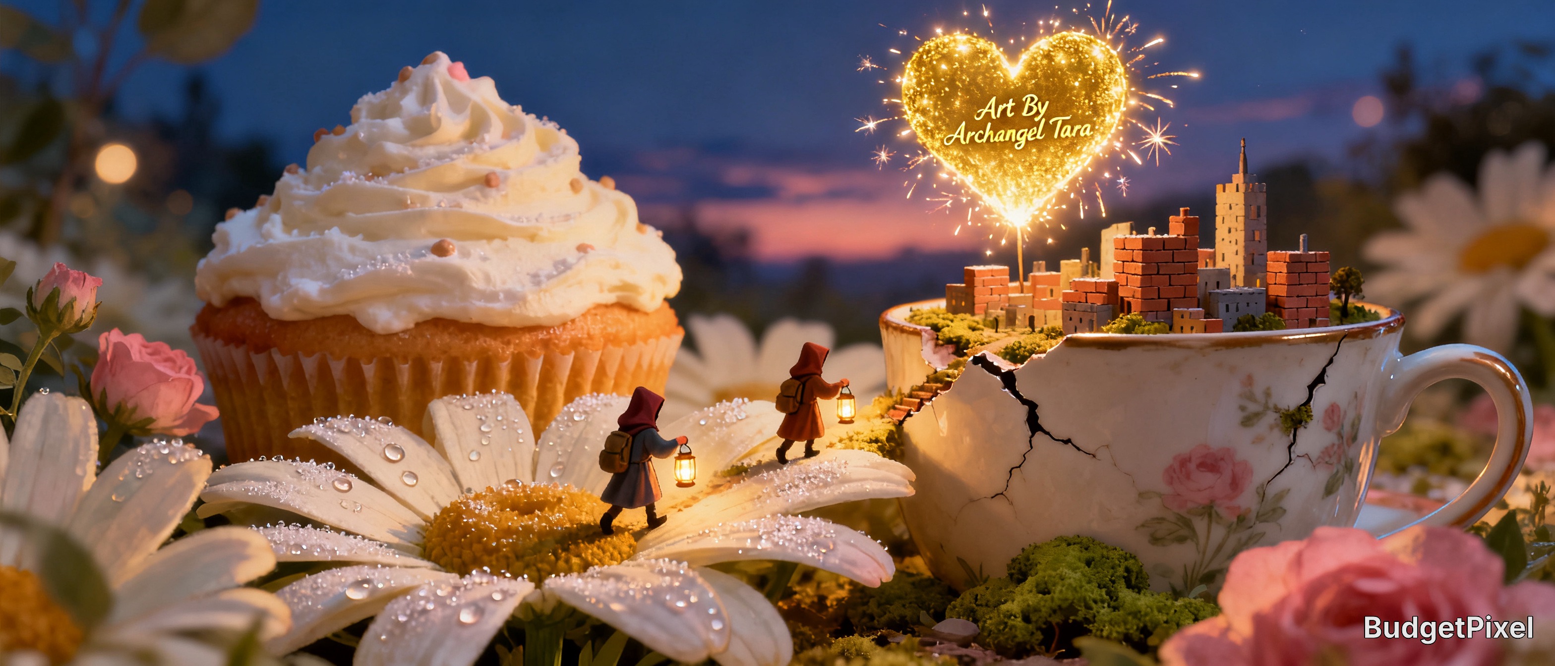 [Whimsical miniature fantasy diorama: tiny hooded travelers carry lanterns across a daisy to a teacup city beside a froste...
