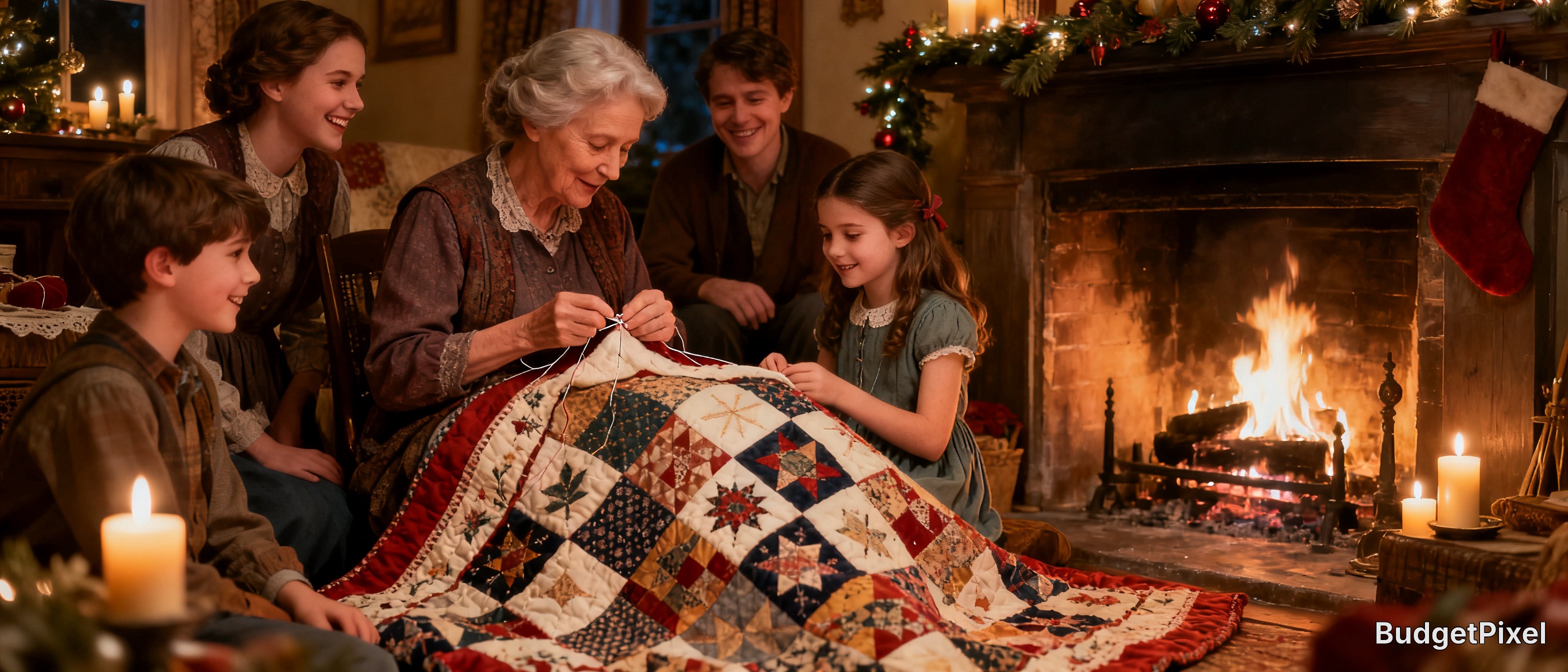 Multi-generational family gathers to watch grandmother sew a patchwork quilt beside a glowing Christmas-decorated fireplace.