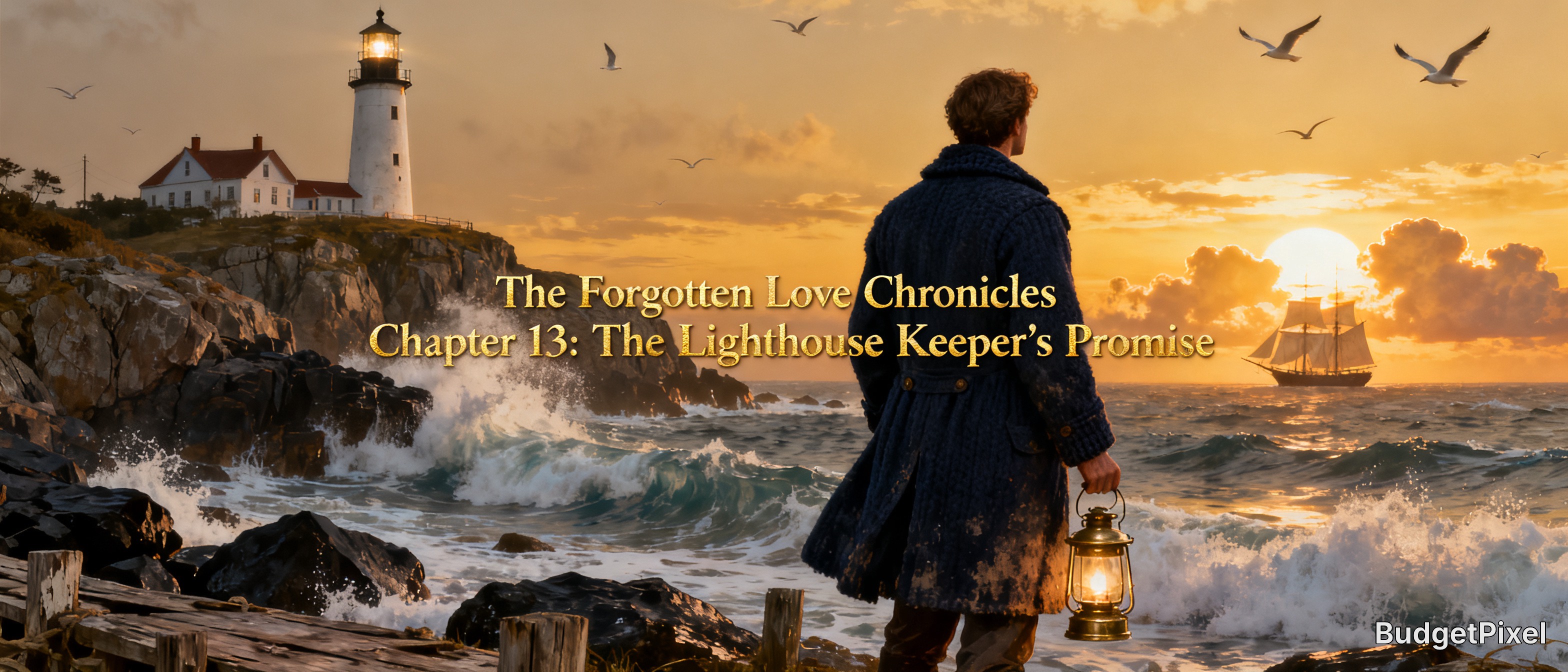 Man holding a lit brass lantern overlooks a rocky coastal lighthouse and sailing ship at golden sunset, with romance novel...