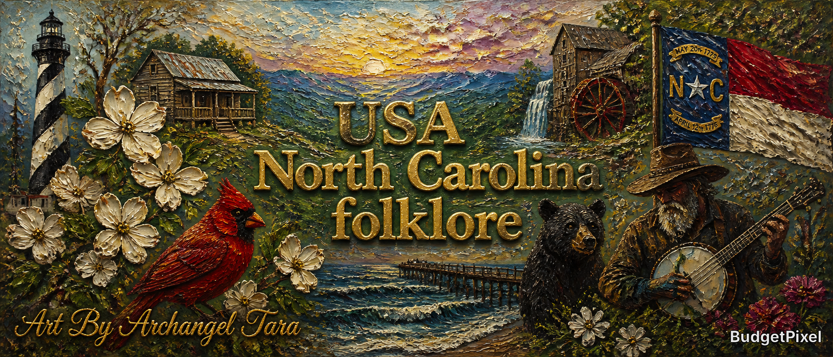 Impasto folk art collage of North Carolina landmarks and state symbols, with golden text reading "USA North Carolina folkl...