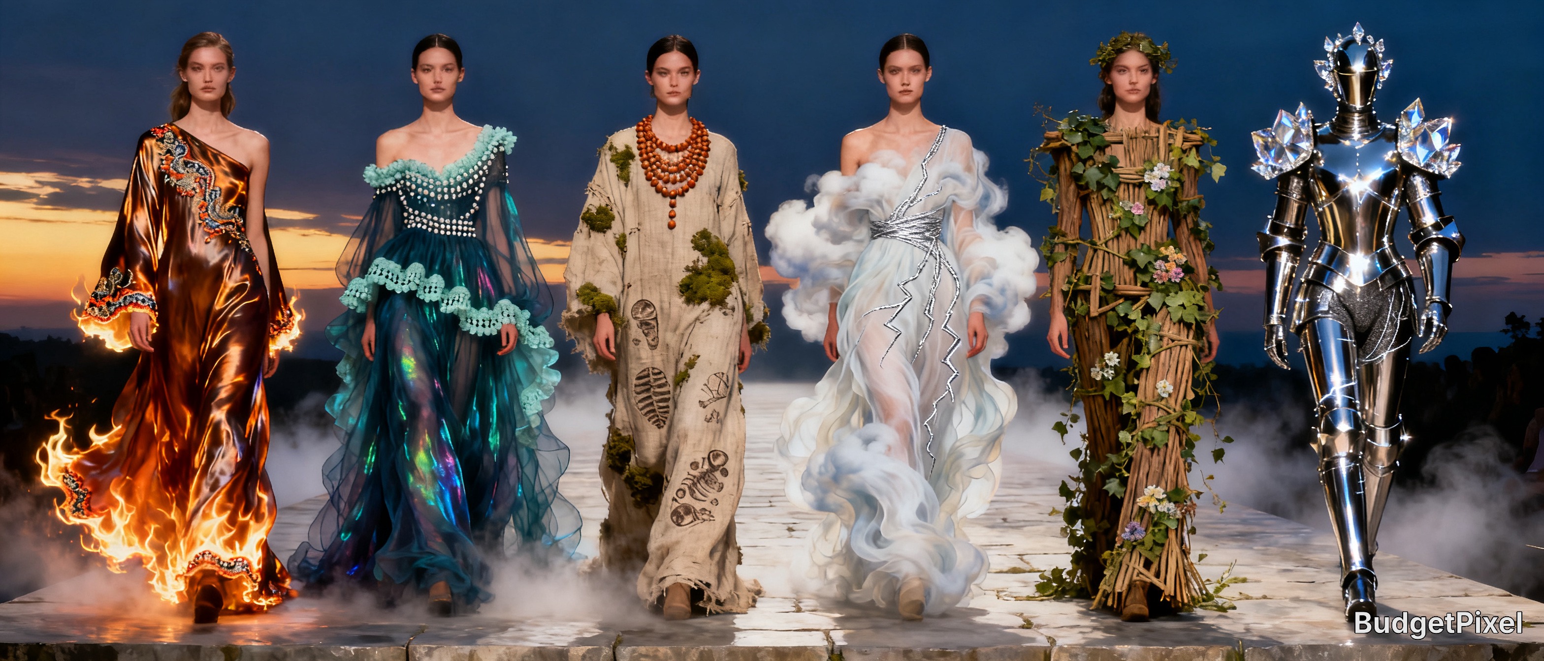 Six models in themed elemental couture designs walk a misty stone runway during a twilight fashion show.