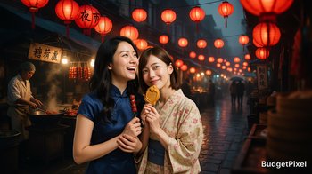 Two smiling young women hold street food under glowing red lanterns at a misty East Asian night market