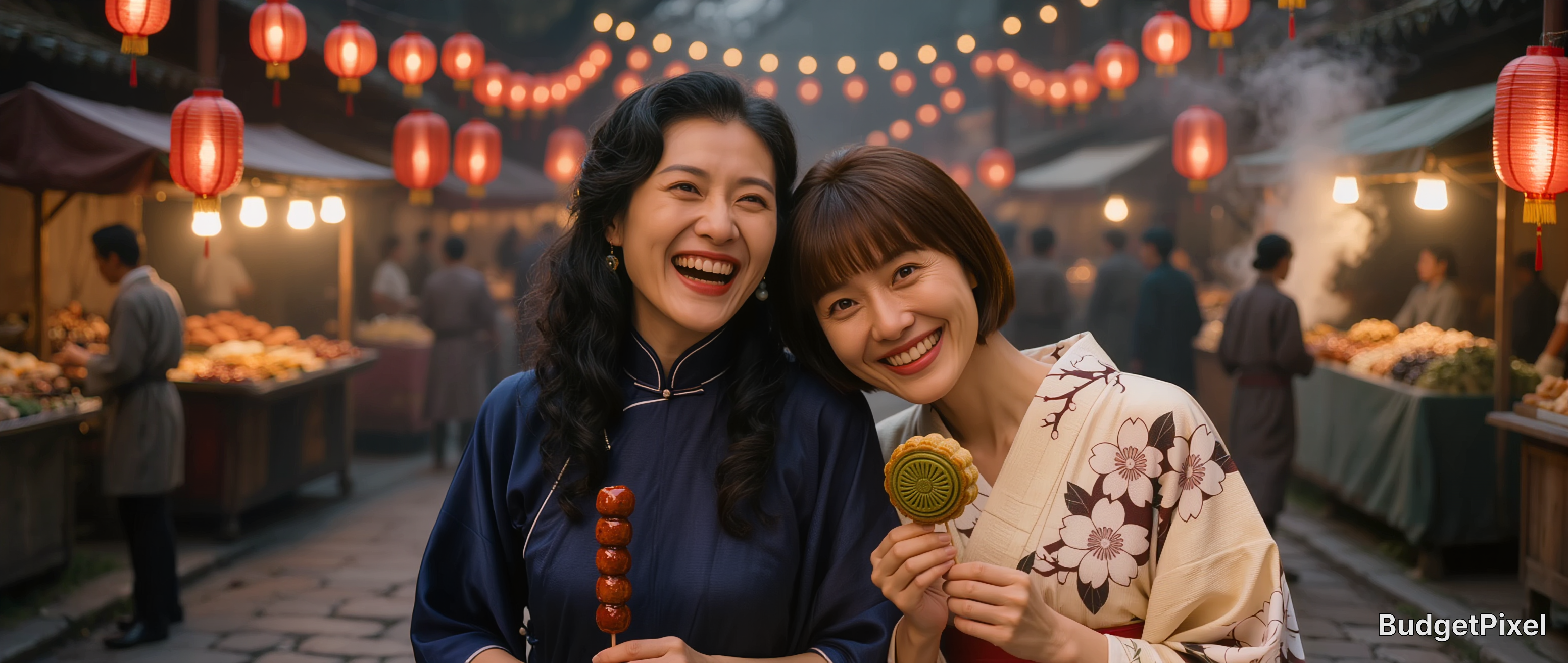Two smiling East Asian women hold festive snacks at a lantern-lit traditional night market.