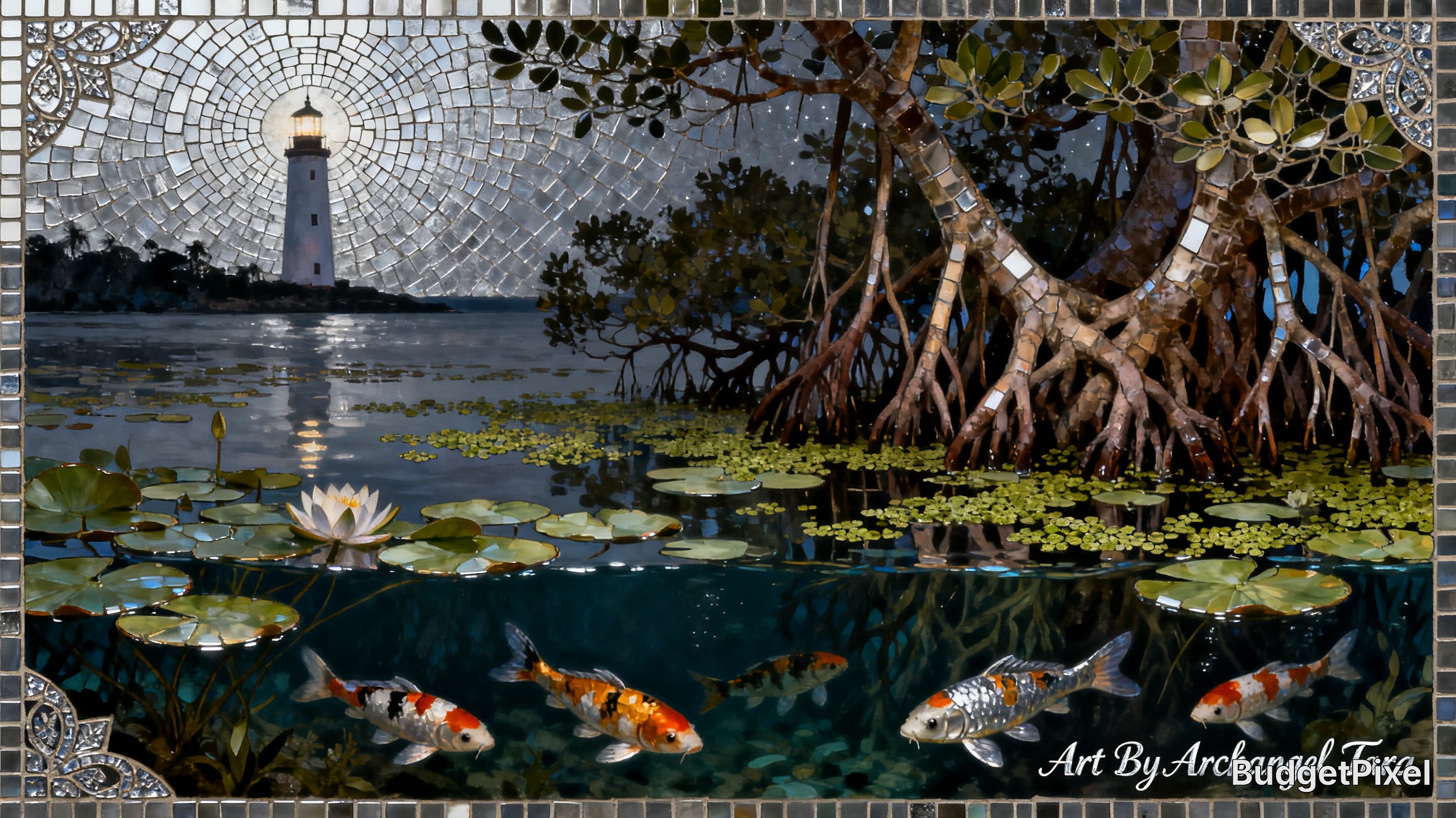 [Mosaic stained glass artwork of a moonlit lagoon, featuring koi fish, mangrove trees, water lilies, and a distant glowing...