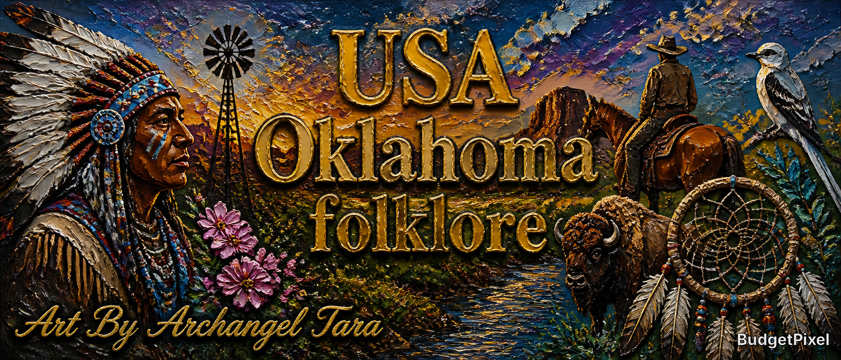 [Textured impasto Oklahoma folklore banner featuring Indigenous chief, cowboy, bison, western landscape and golden title t...
