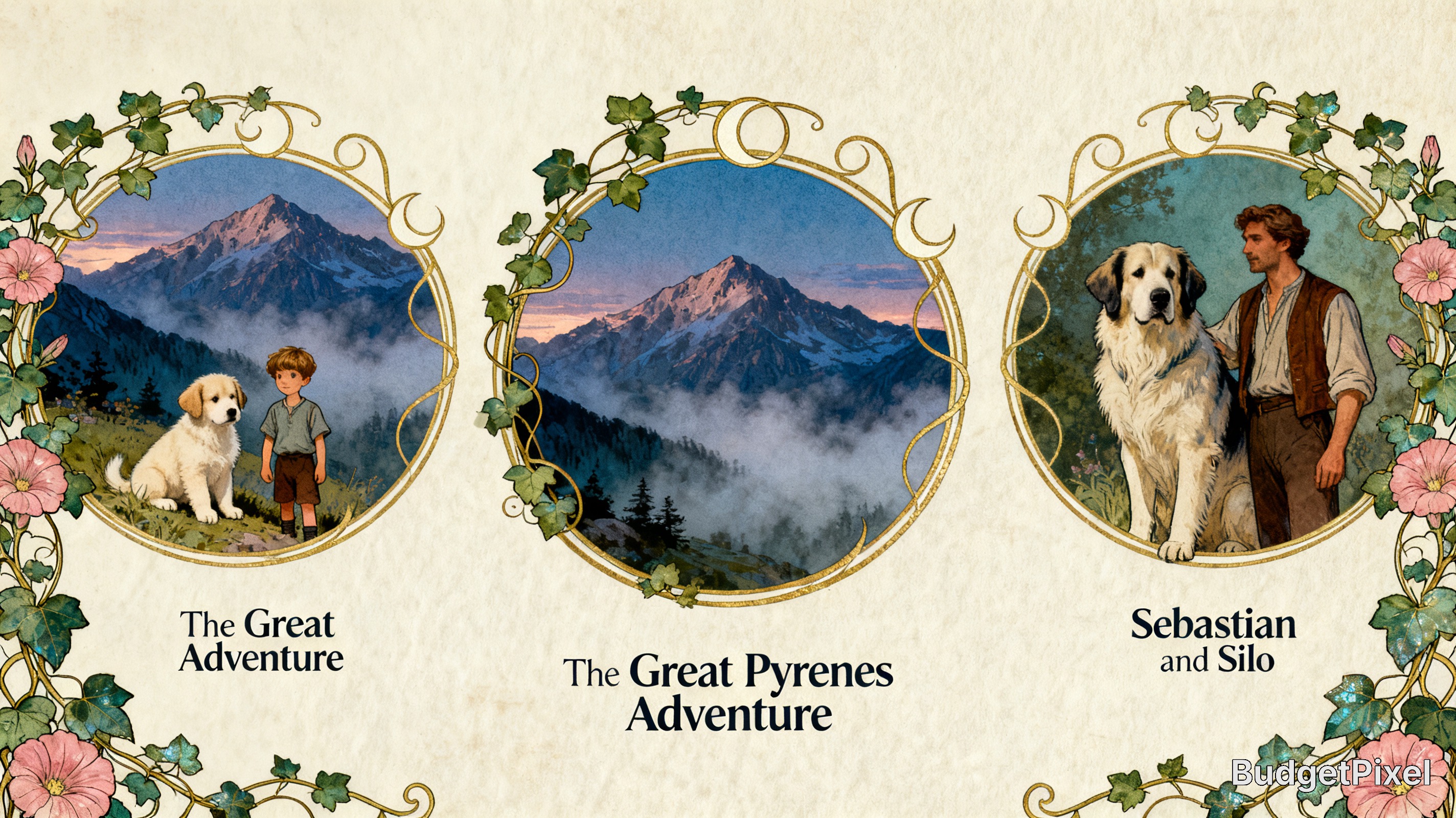 [Art Nouveau storybook panel with 3 framed alpine scenes, a boy with Great Pyrenees puppy, a man with adult dog, decorativ...
