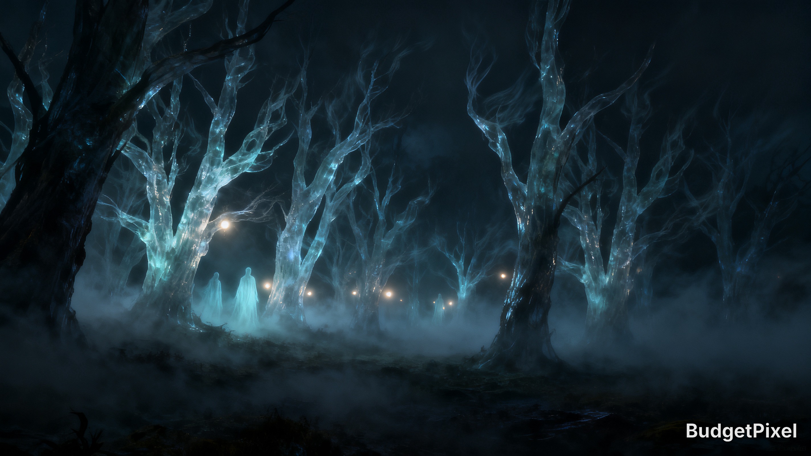 [Misty dark enchanted forest with glowing translucent blue trees, ghostly spirit figures, and floating warm lantern lights...