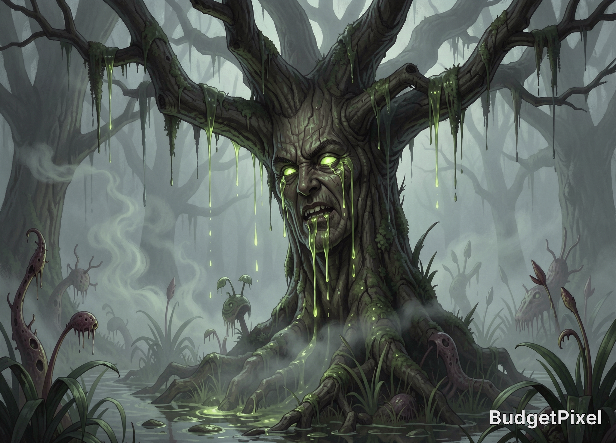 Menacing sentient treant with glowing green eyes dripping slime, rooted in a foggy haunted dark swamp