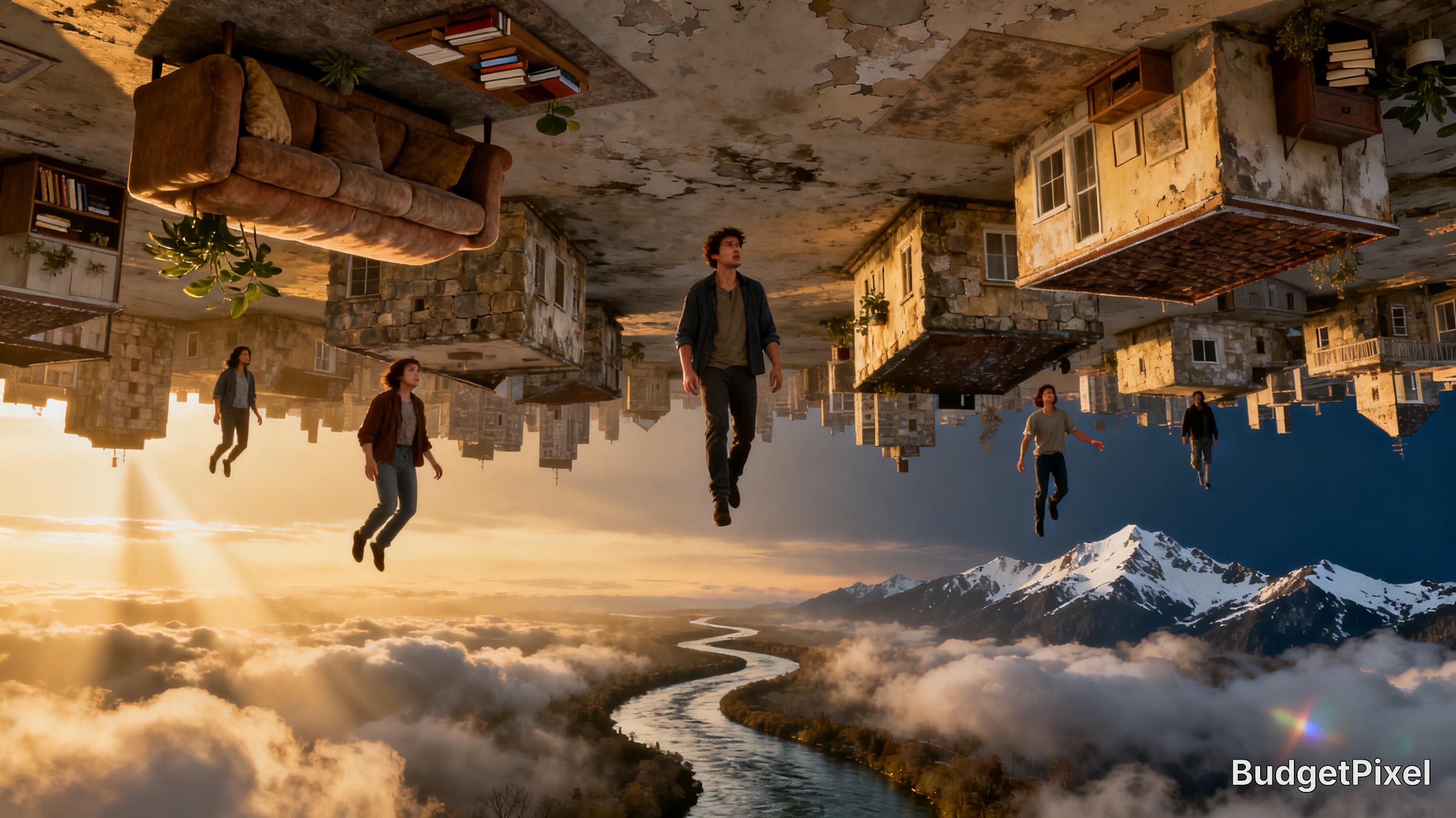 Surreal upside-down floating city scene with suspended people above clouds, winding river, snow mountains at golden sunset.