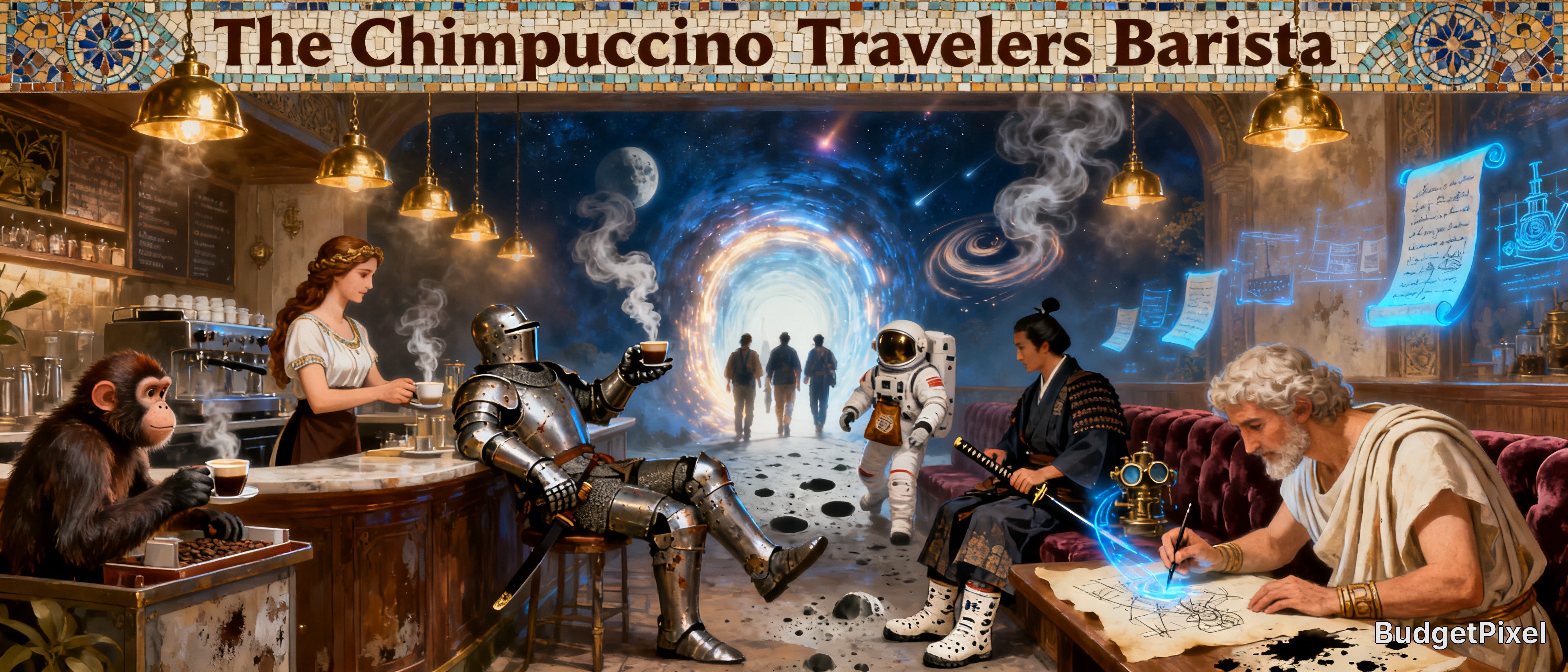A surreal fantasy cafe banner titled The Chimpuccino Travelers Barista featuring a glowing time portal, cross-era patrons,...