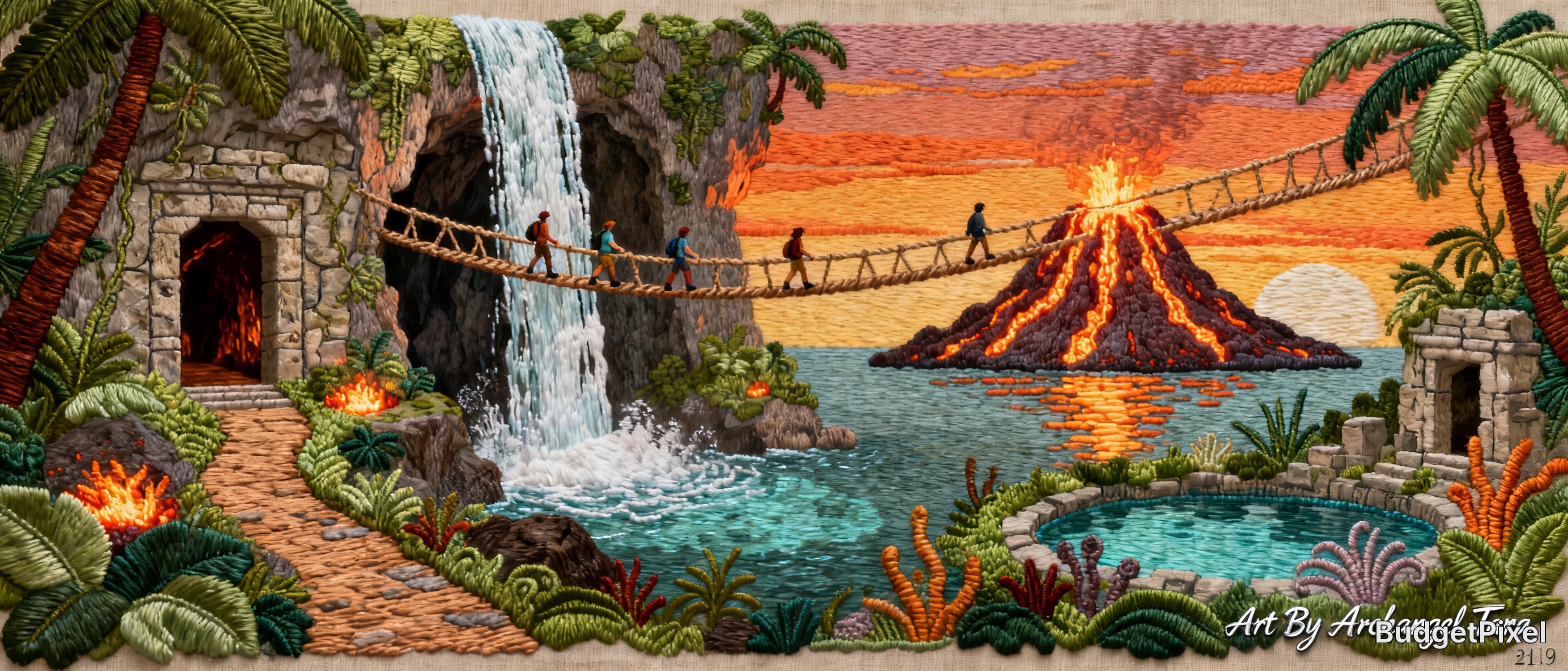 [Faux embroidered adventure scene of explorers crossing a rope bridge past a waterfall and erupting tropical volcano at su...
