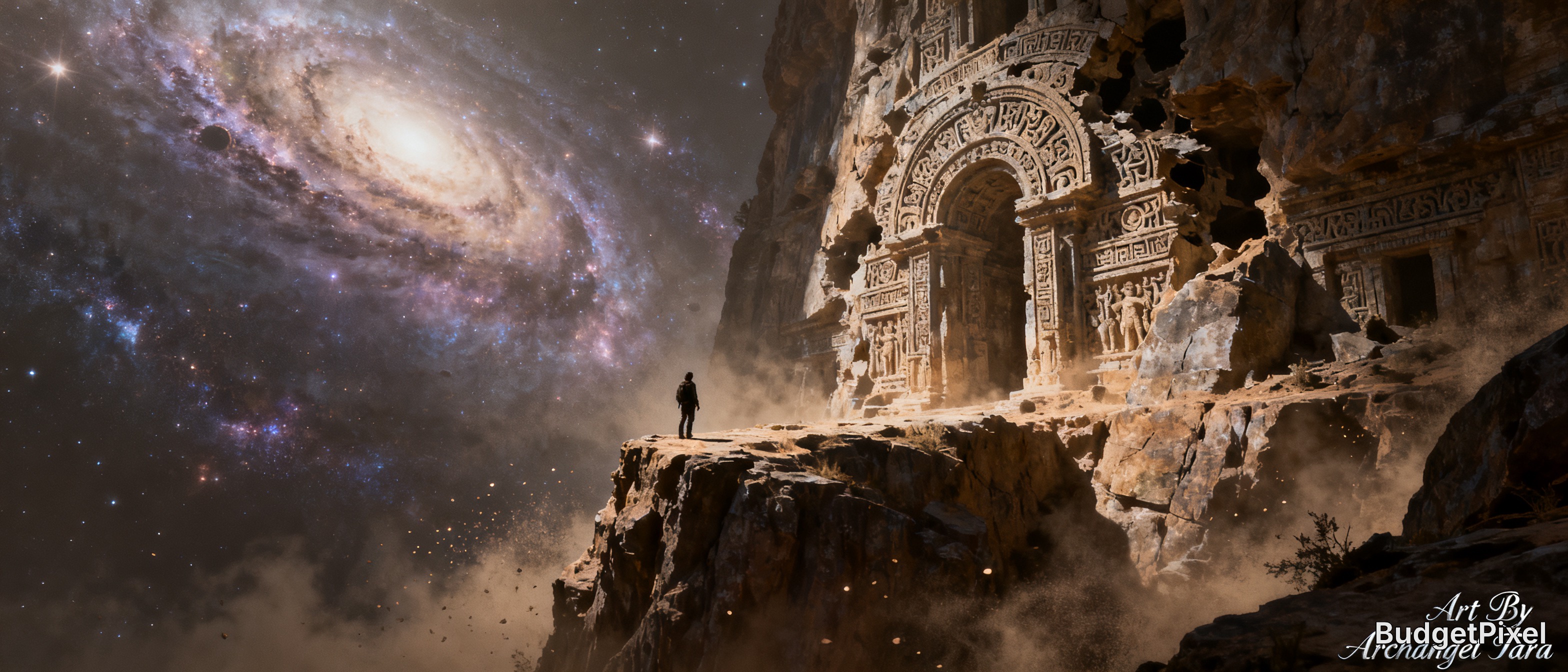 Solitary explorer stands on a rocky cliff before a carved ancient mountain temple, beneath a glowing swirling spiral galax...