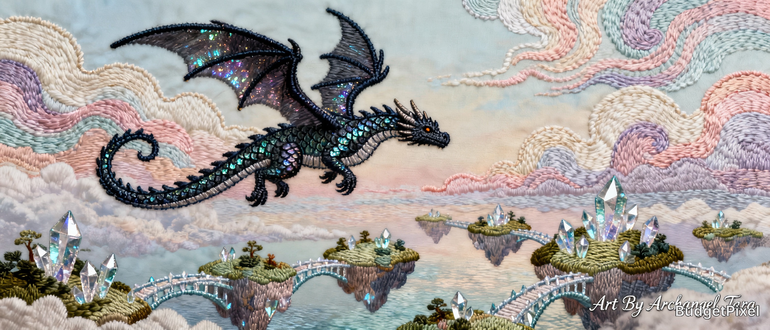 [Intricate embroidery art of an iridescent black fantasy dragon flying over pastel floating crystal islands amid swirly st...