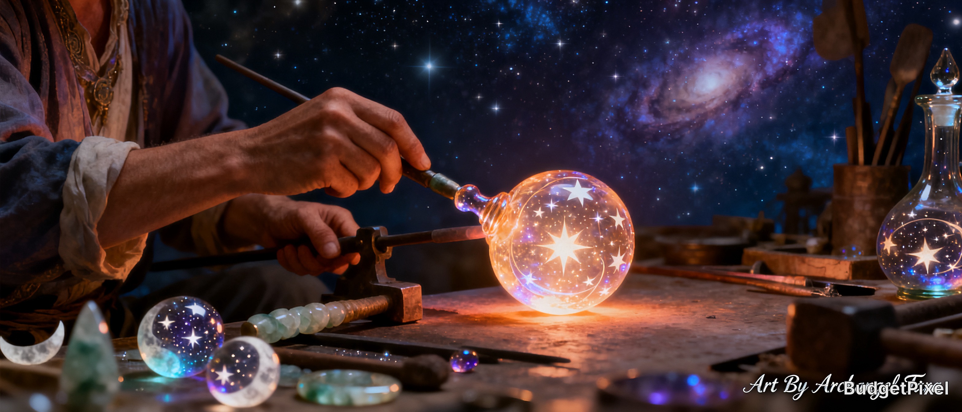 Fantasy glassblower crafts glowing star-patterned magic orb, workshop set against swirling starry galaxy backdrop