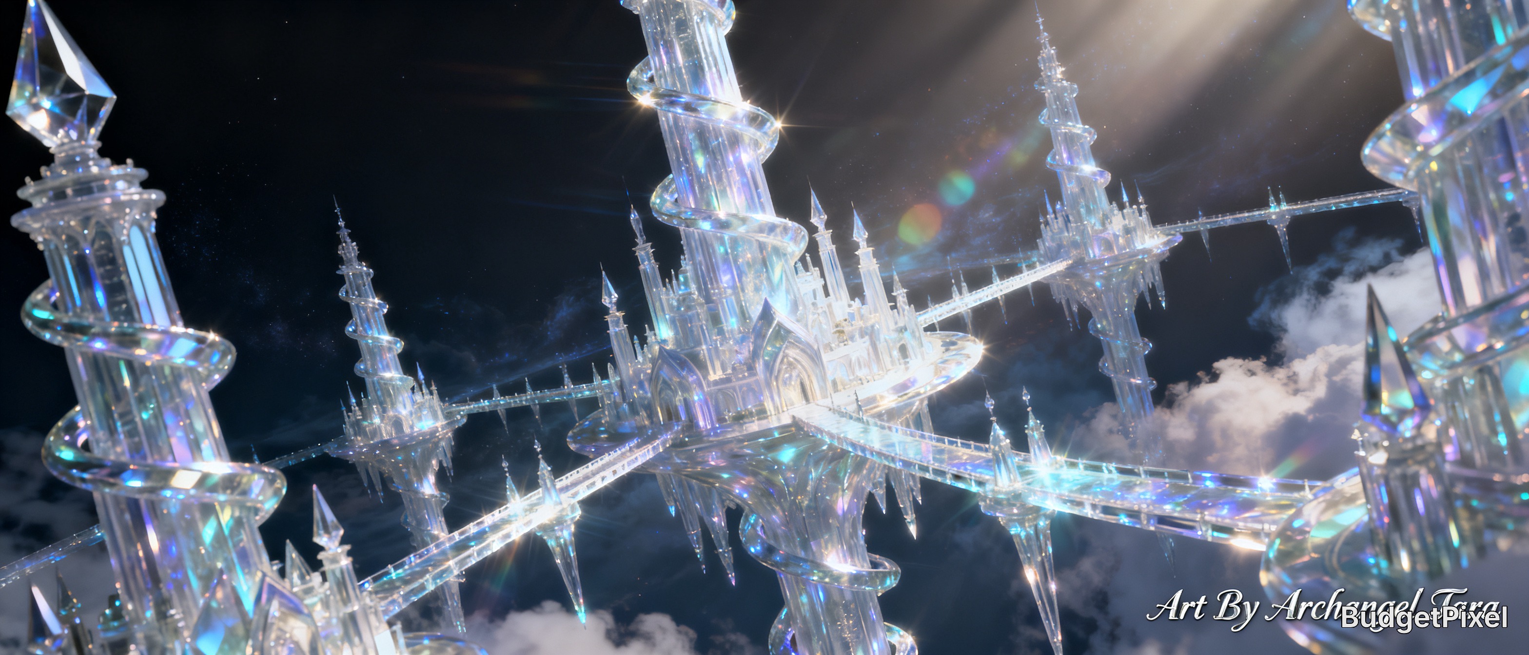 [Ethereal floating crystal fantasy castle with spired towers and glass bridges, hovering above clouds under a dark starry ...