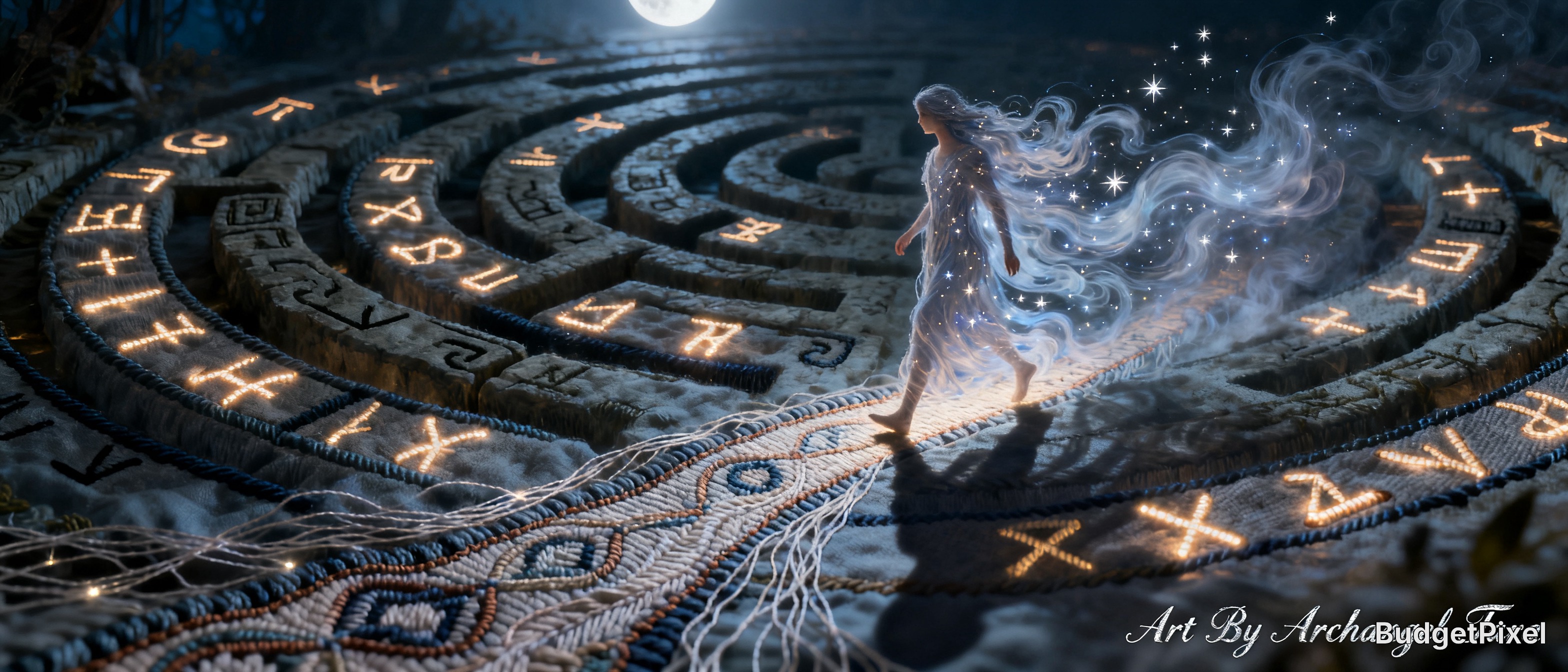 Ethereal glowing spirit walks a circular rune-carved stone labyrinth, trailing starry mist under a full moon.