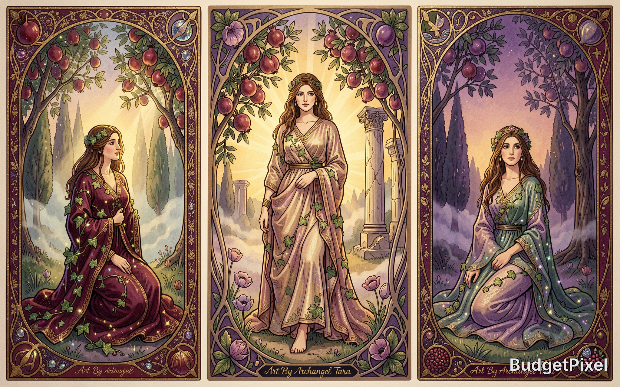 [Art Nouveau triptych of 3 ornate tarot panels featuring goddess Persephone framed by pomegranate branches and gilded deco...