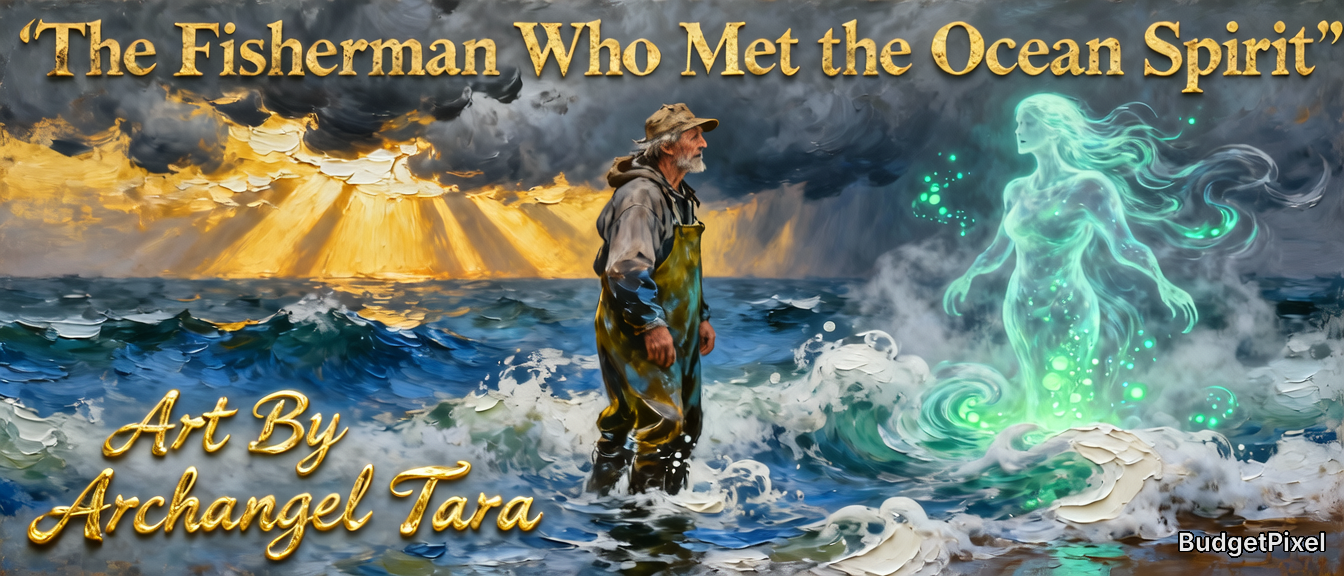 Painterly fantasy art of an elderly fisherman standing in surf facing a glowing ethereal turquoise ocean spirit under stor...