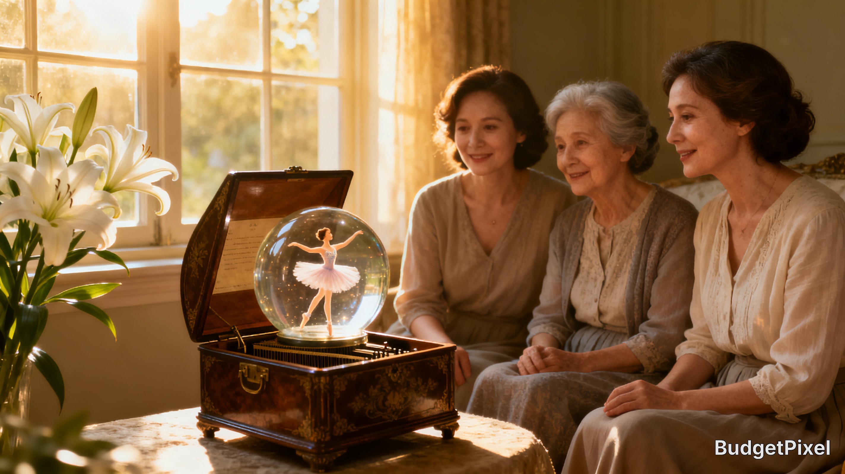 Three smiling multi-generational women admire an ornate ballerina music box beside a sunlit window with white lilies.