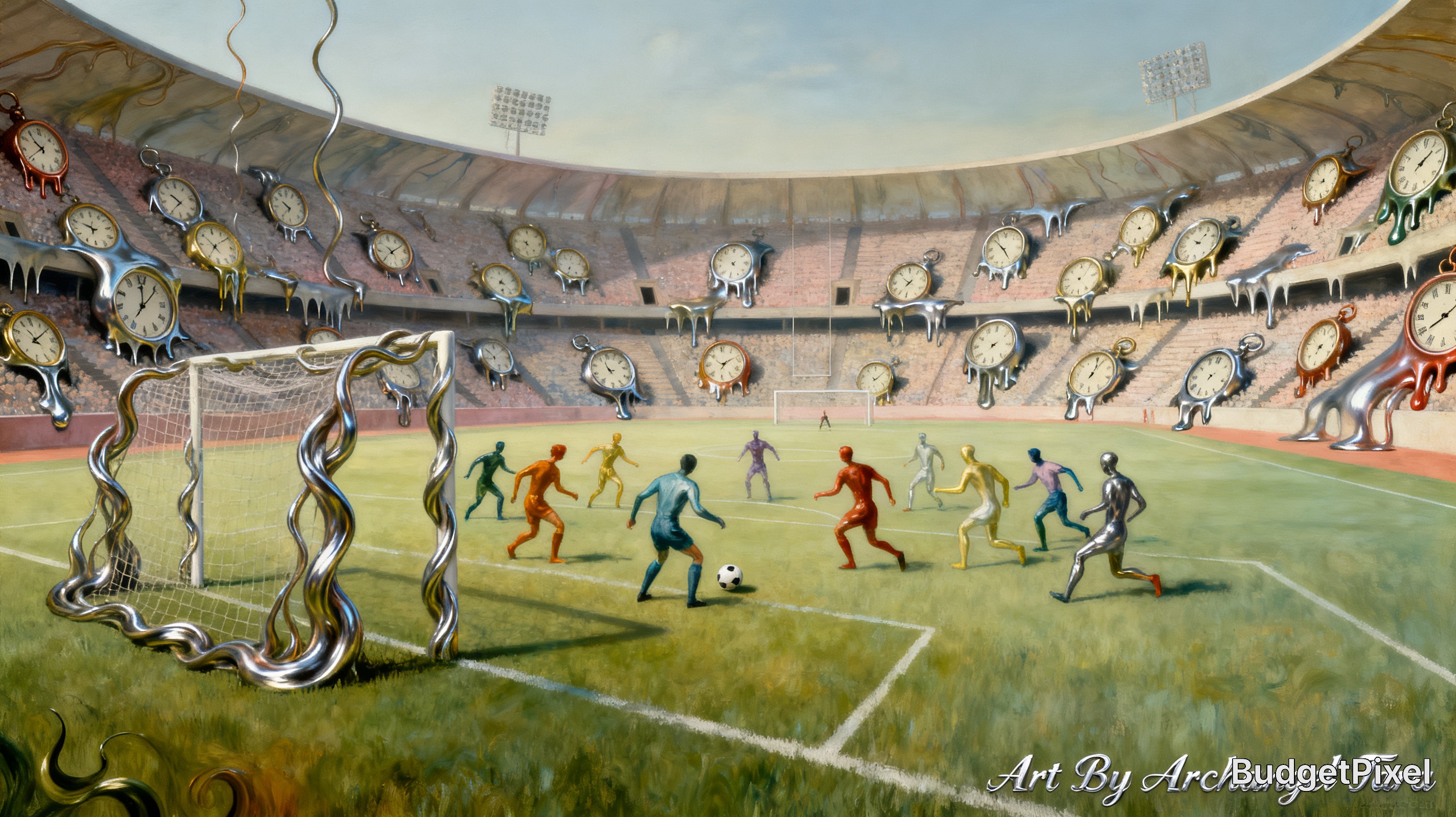 Surreal Dali-style soccer match, with melting pocket watches filling stadium stands and abstract players on the pitch.