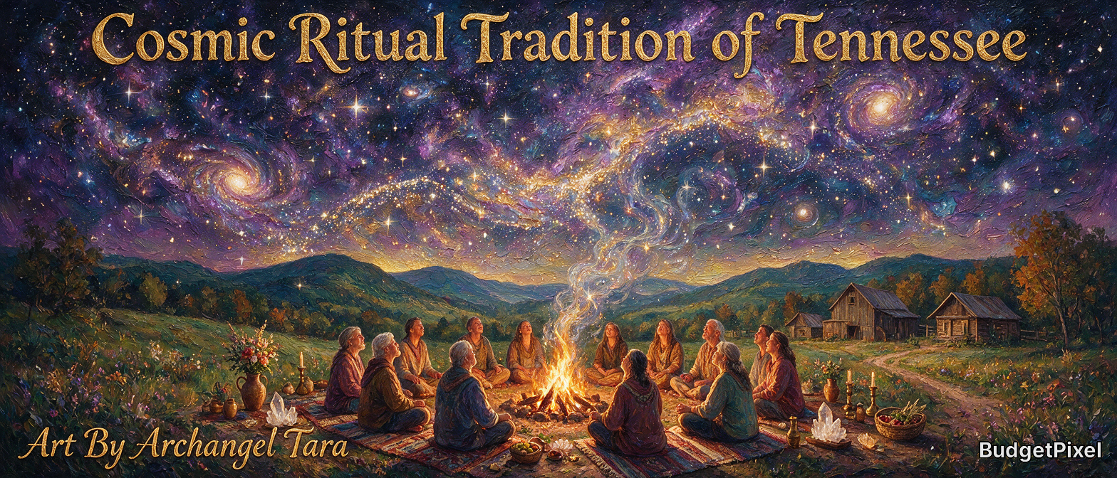 [Painterly banner of a community gathered around a campfire under a swirling cosmic night sky for Tennessee cosmic ritual ...