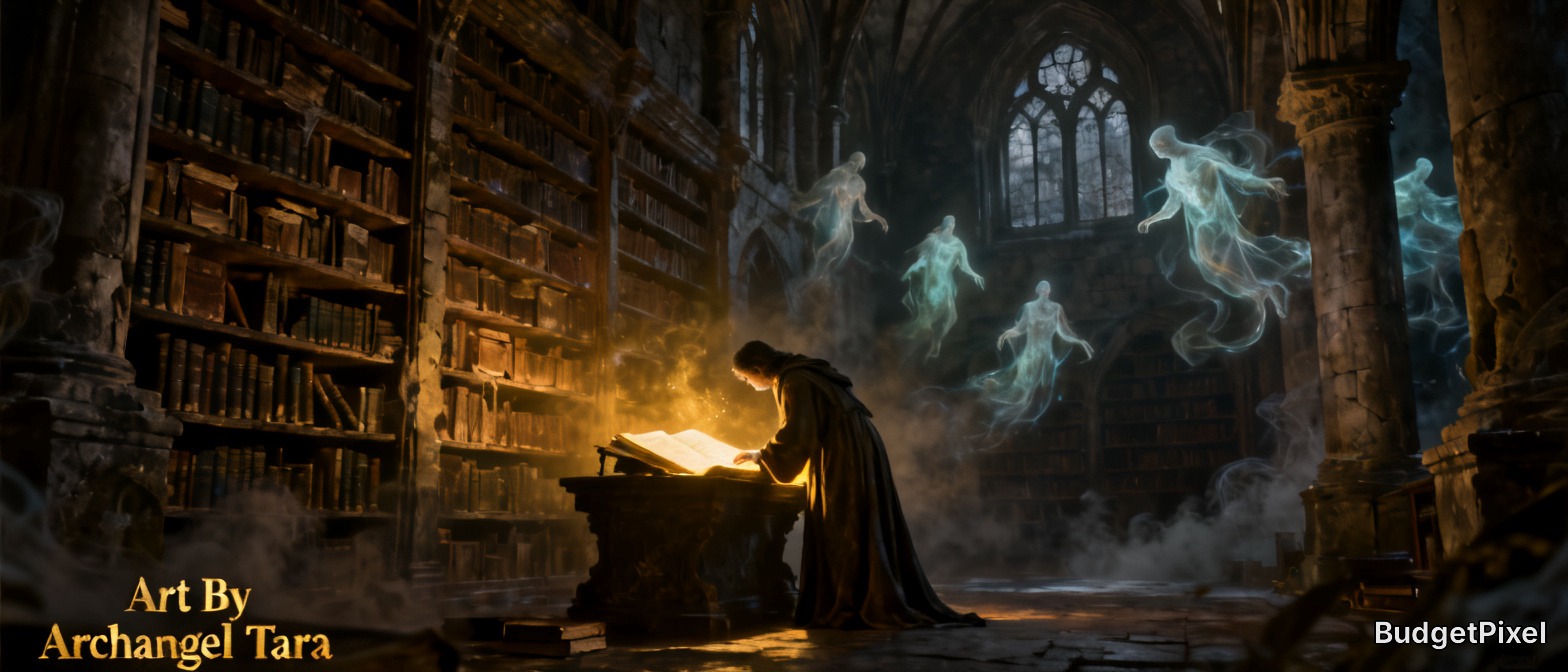 Hooded scholar reads glowing enchanted book in a gothic library as ethereal ghost spirits float nearby.