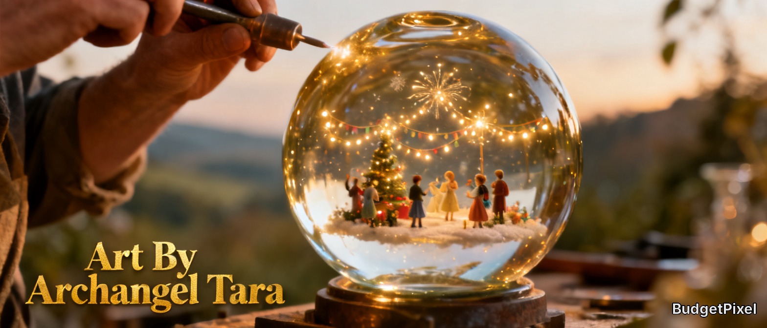 Close up of artisan hands crafting a glass snow globe holding a miniature glowing festive Christmas scene.