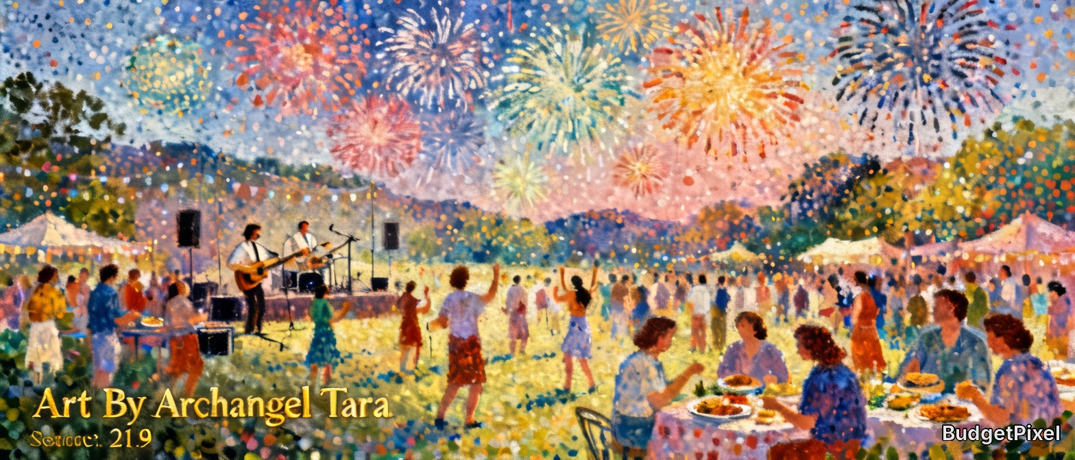 [Pointillist painting of summer outdoor music festival, with live stage band, bursting fireworks, dancing crowds, and picn...