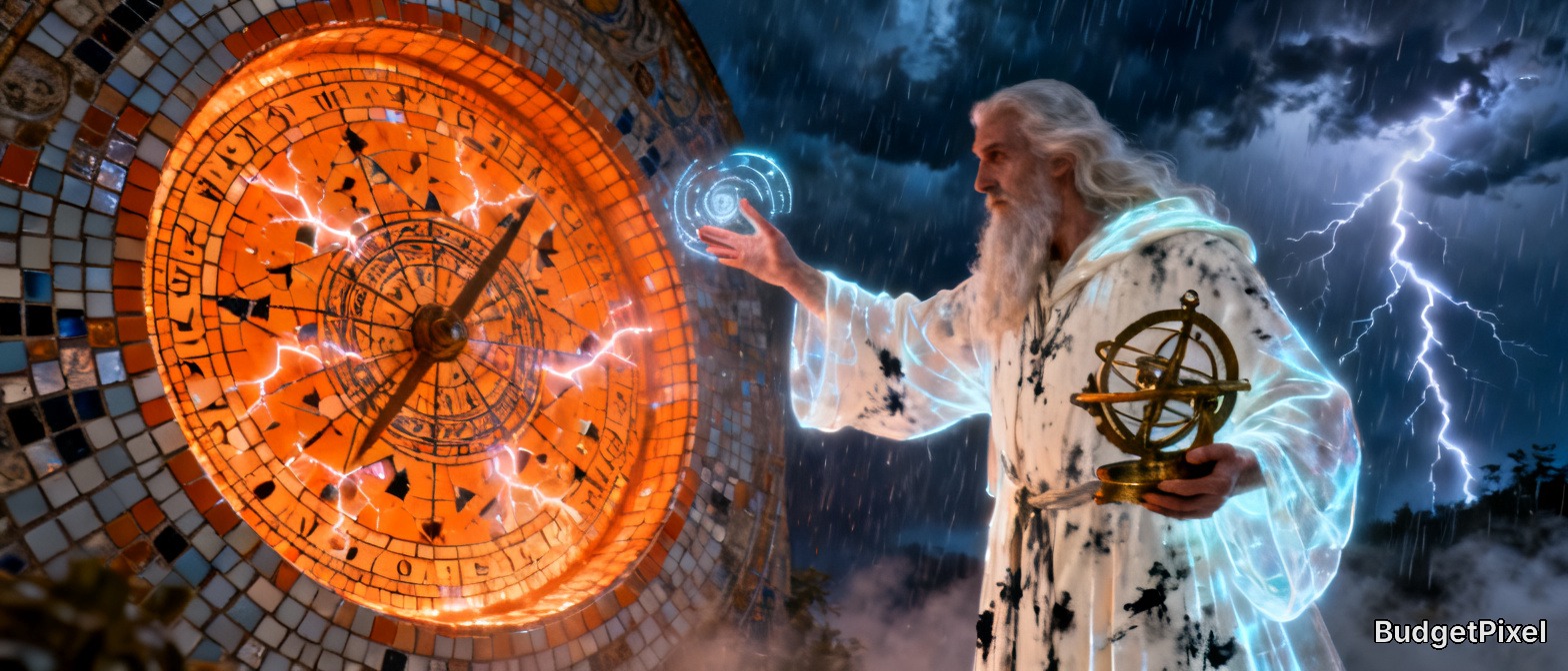 Elderly long-bearded wizard conjures magic beside a glowing astrological clock, holding an armillary sphere in a lightning...