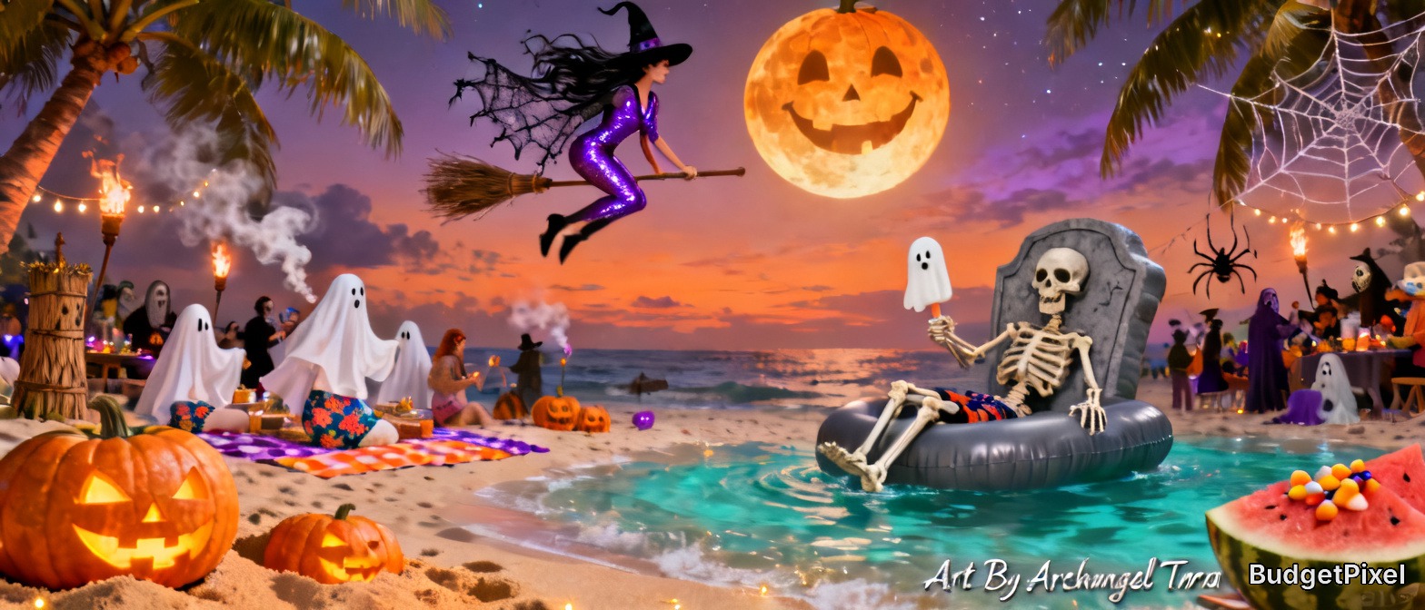 Whimsical tropical Halloween beach scene with flying witch, lounging skeleton, and jack-o-lantern moon at sunset