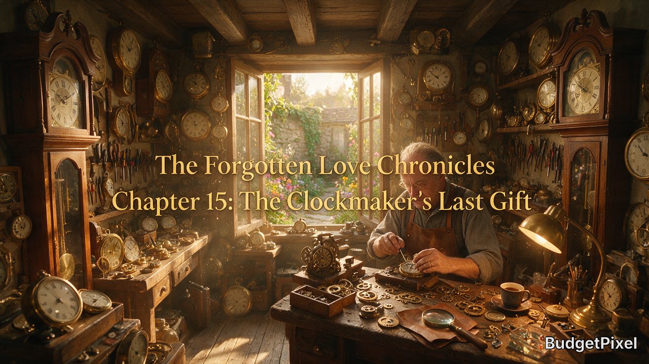 Elderly clockmaker works at a cluttered workbench in a sunlit vintage shop lined with antique clocks, story title overlay.